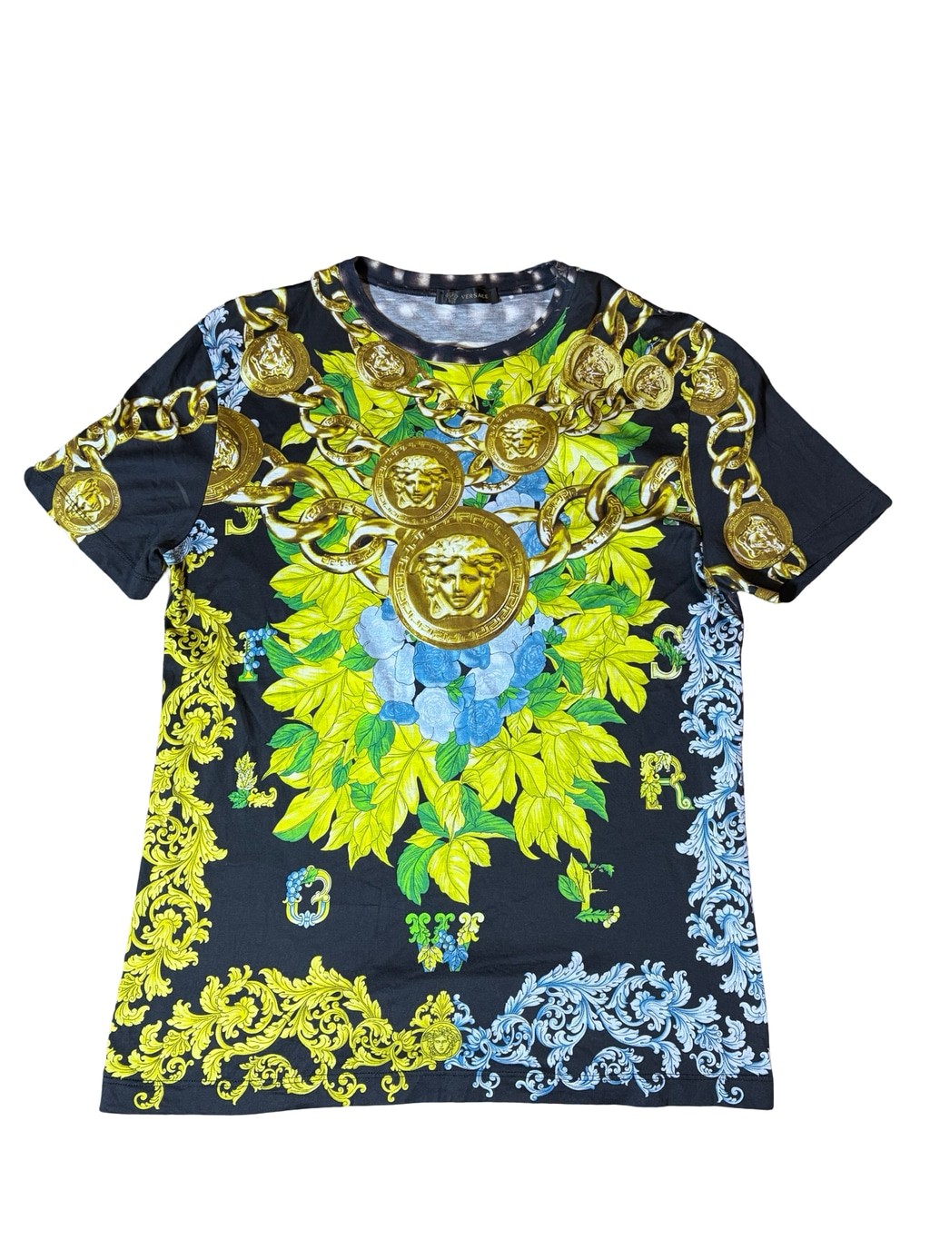 Versace Small Medusa Chain Baroque Floral Print Crewneck T-Shirt Made in Italy