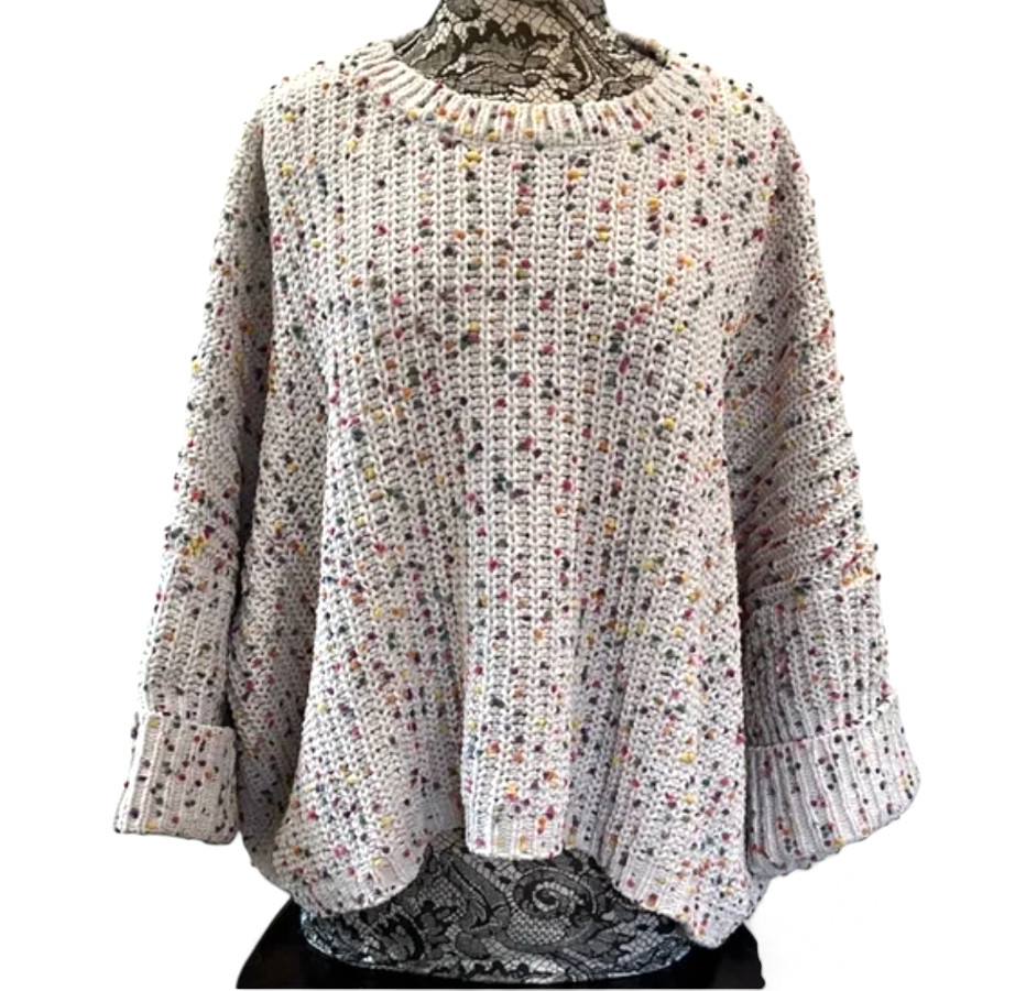 POL Oversized Chenille Sweater IVORY w/RAINBOW CONFETTI SPECKLE POM-POMS sz M