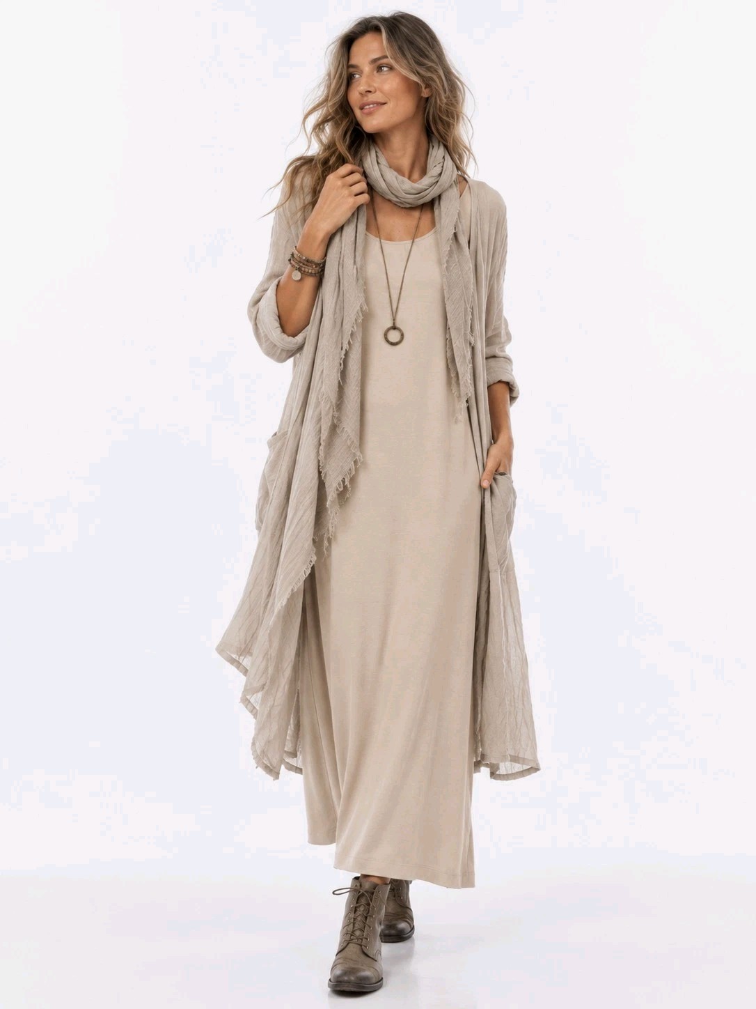 Vintage Sheri Martin Neutral Jumper Maxi Dress Lagenlook Modest Minimalist Layer