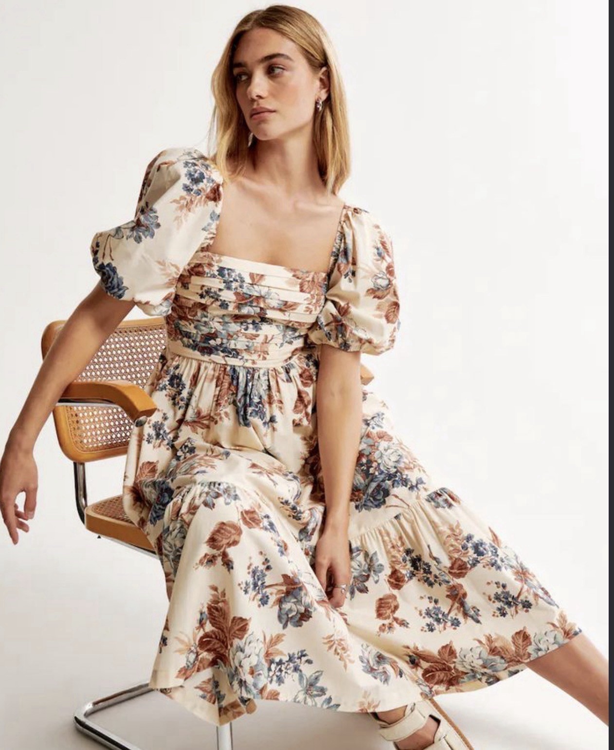 Abercrombie Fitch Midi Dress Beige Emerson Poplin Floral Puff Sleeve Boho Large