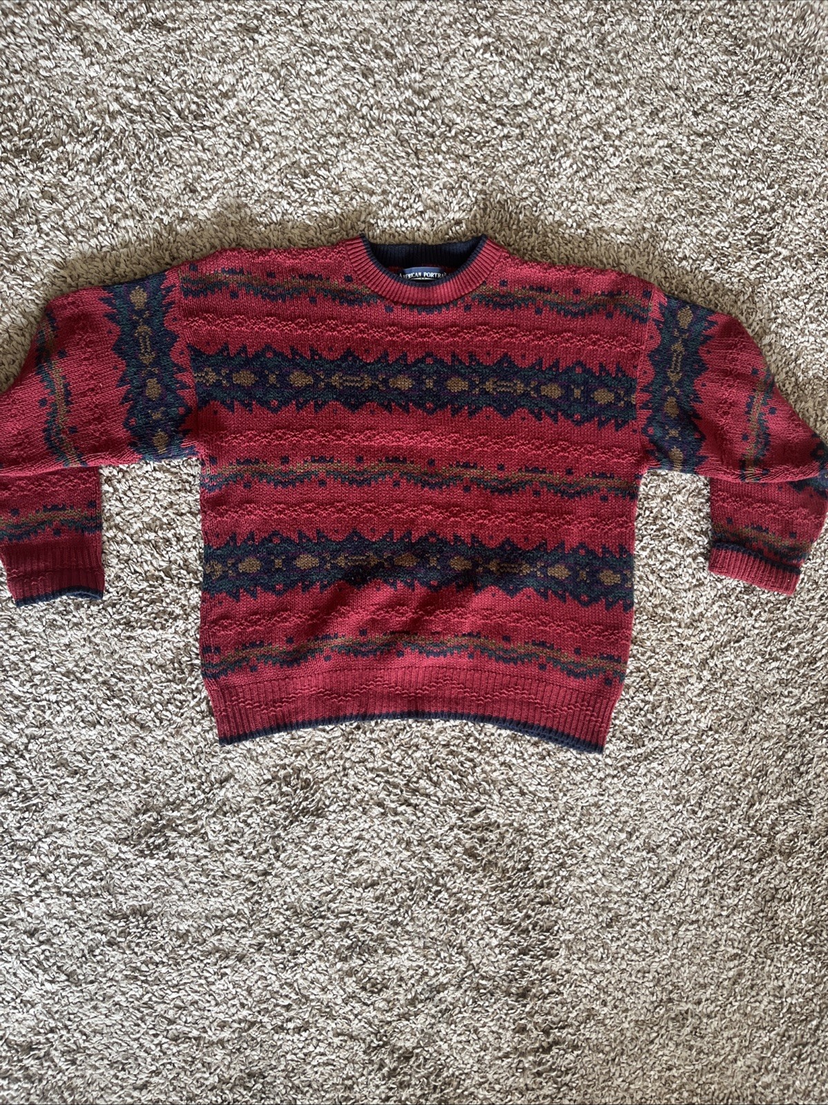 Vintage American Portrait Sweater Mens XL Red Geometric Knit Crewneck USA Made