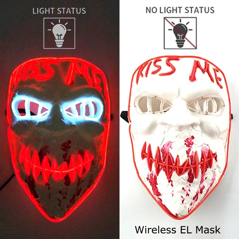 Halloween Neon LED Light Grow Dark Horror Glowing Mask Full Face PVC - Red