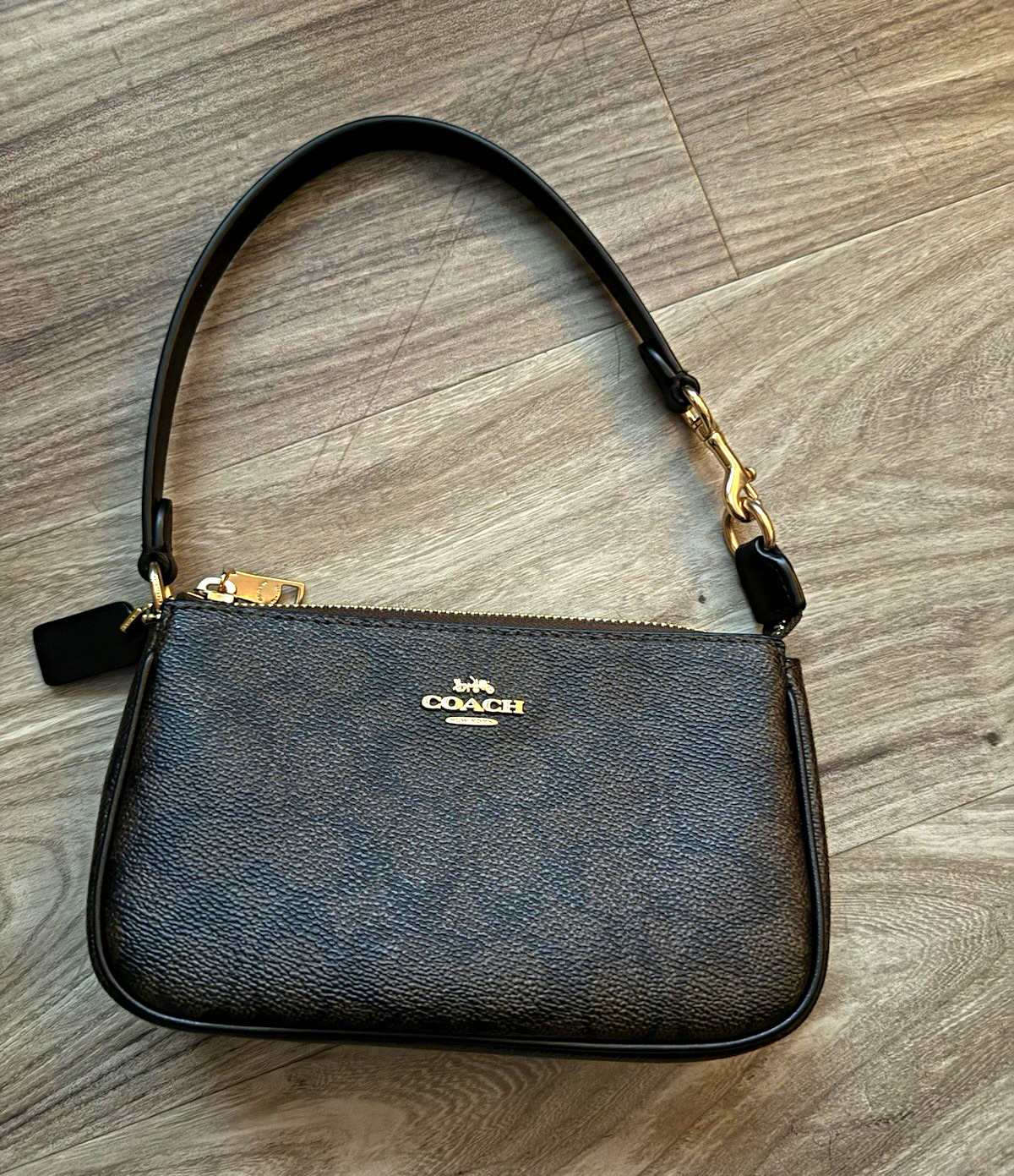 Coach Black Pebbled Leather Shoulder Bag, Logo Pattern, Zip, Gold Hardware