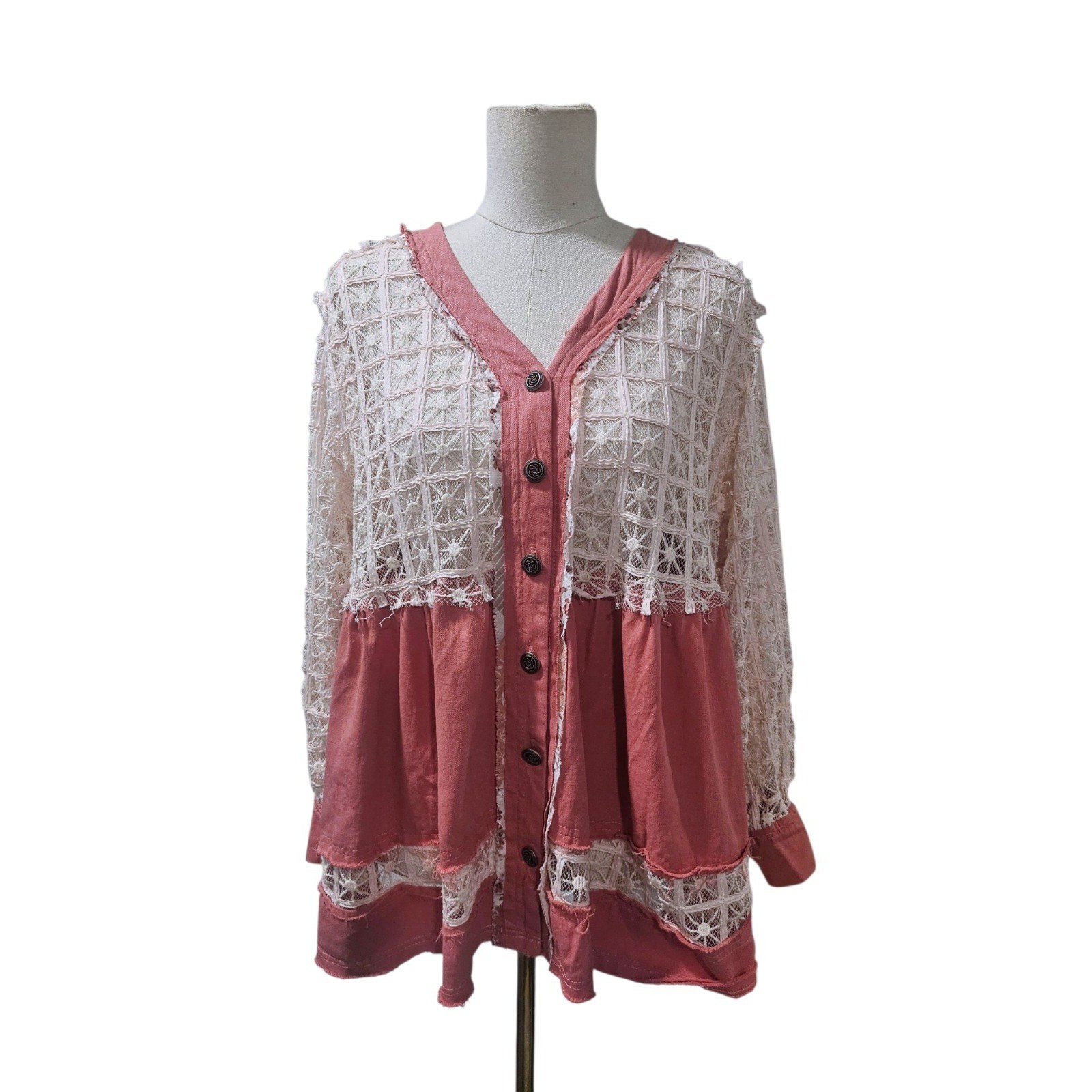 POL Clothing Dusty Rose Crochet Lace Button Down Babydoll Top GWT360 Small