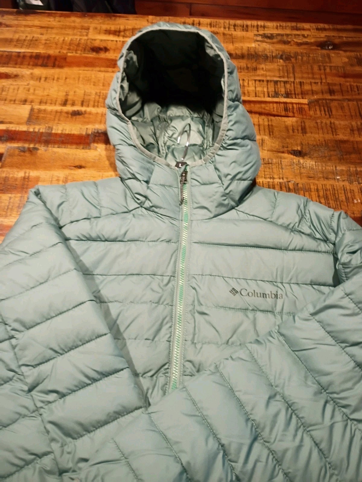 Columbia Mens White Out Omni Heat Hooded Insulated PUFFER Jacket Large Grass Gre