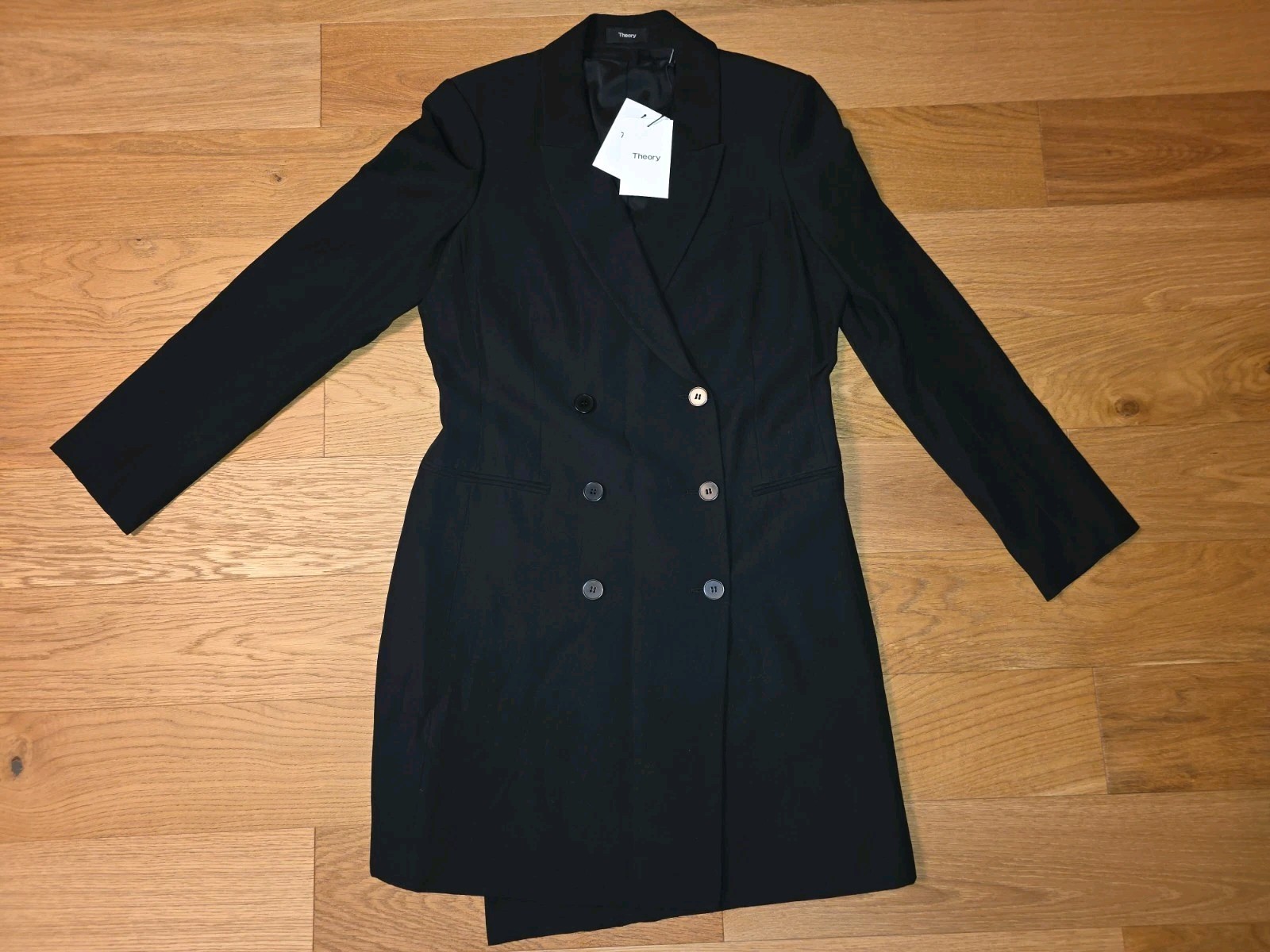 NWT Theory Black Double-Breasted Wool Blend Twill Drape Blazer Dress SZ 12 $455 