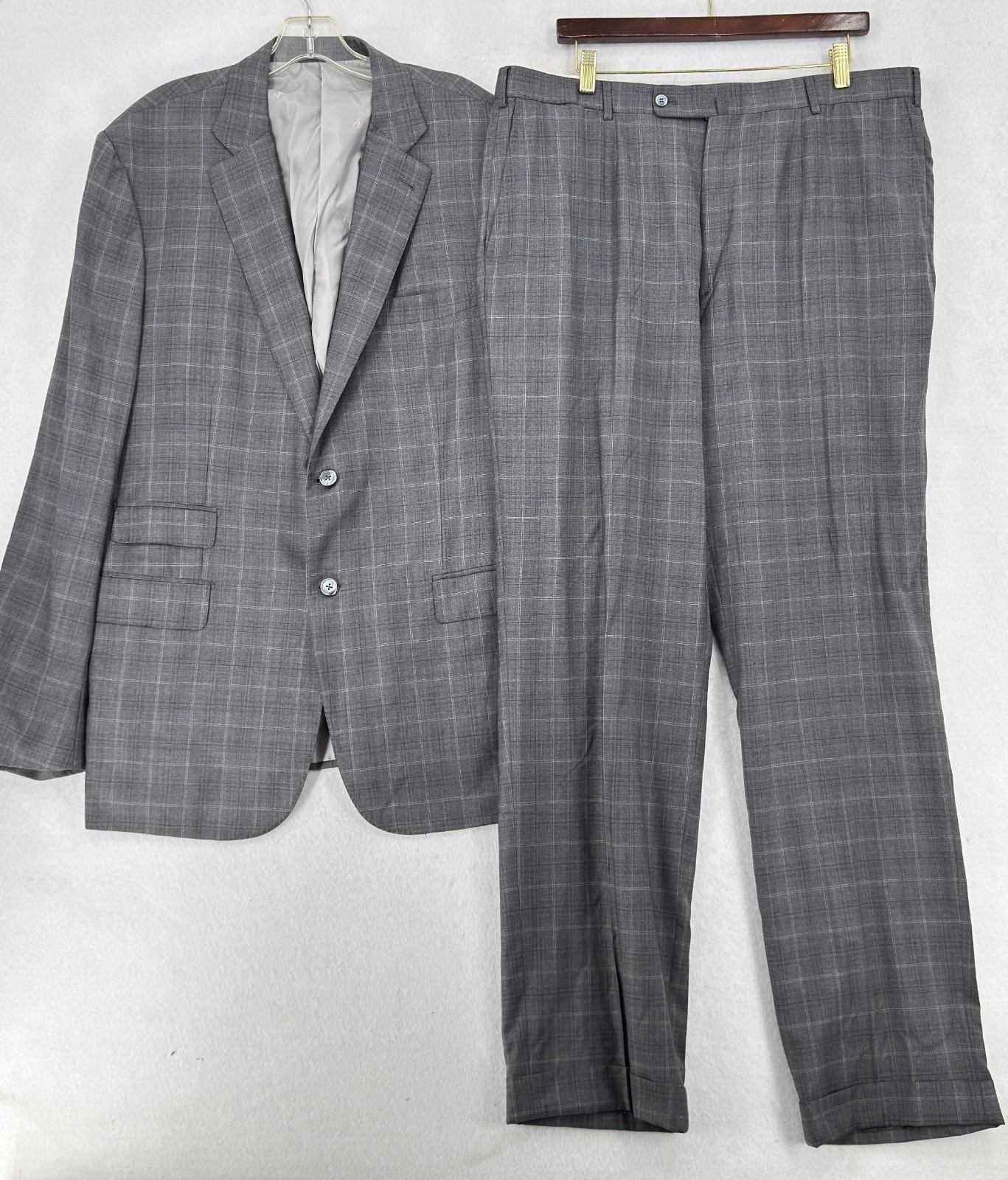 ISAIA Napoli Mens Gray Windowpane Plaid Wool Silk Two Piece Suit Sz IT 60