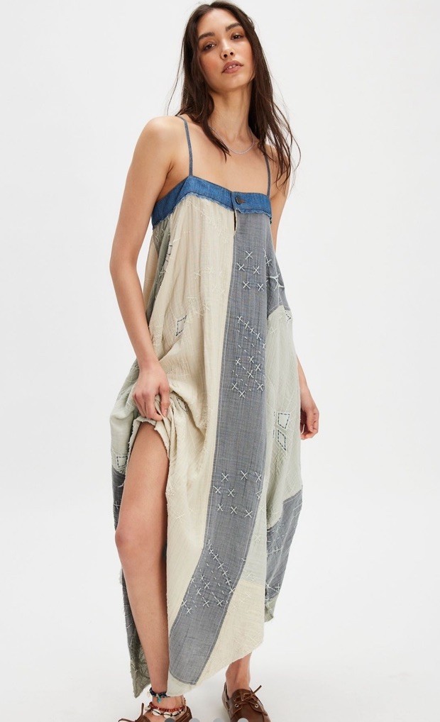 Free People Northern Star Midi Maxi Dress Patchwork Gauzy Fade Blue Wash L NWT