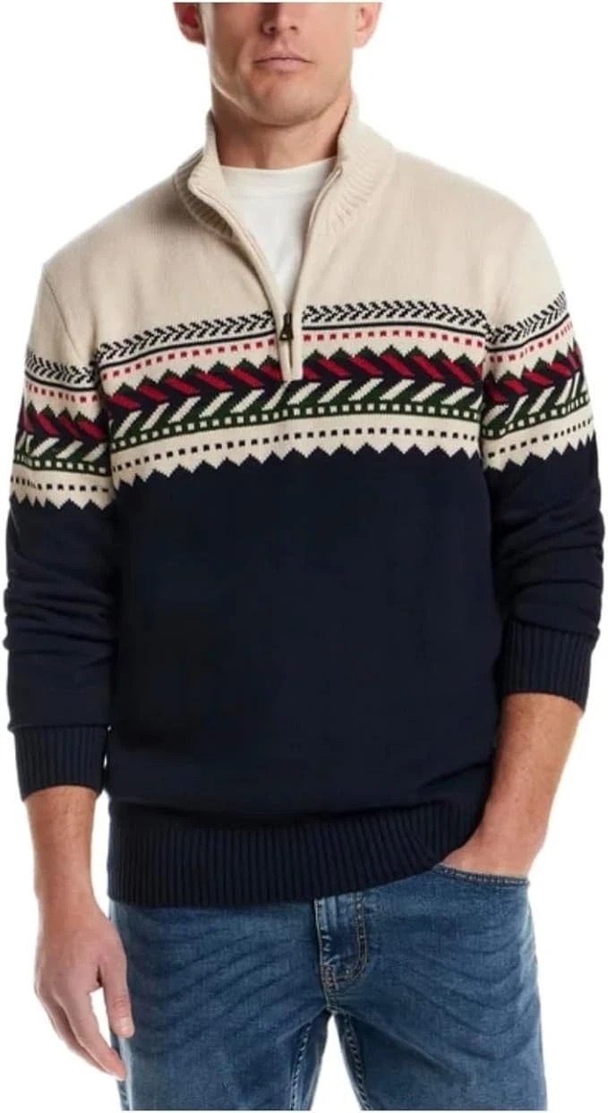 Weatherproof Vintage Men\'s S Holiday Sweater Fair Isle Navy & Cream Cotton K1052