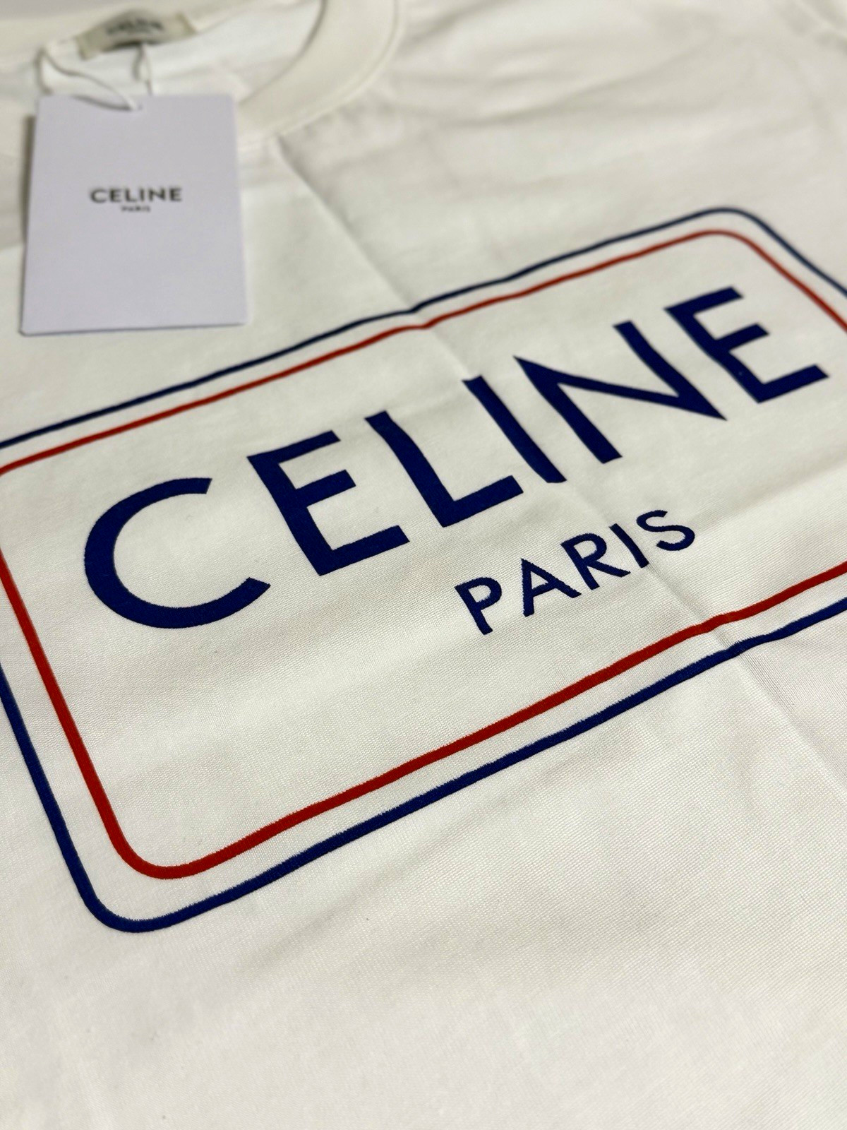 CELINE Paris Men\'s White Logo Cotton Jersey Crewneck T-Shirt Size L NWT