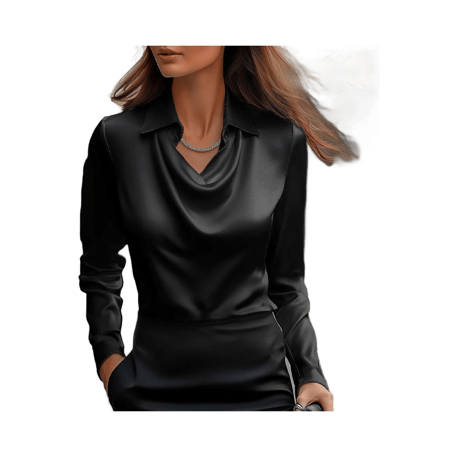 women swing collar satin blouse black