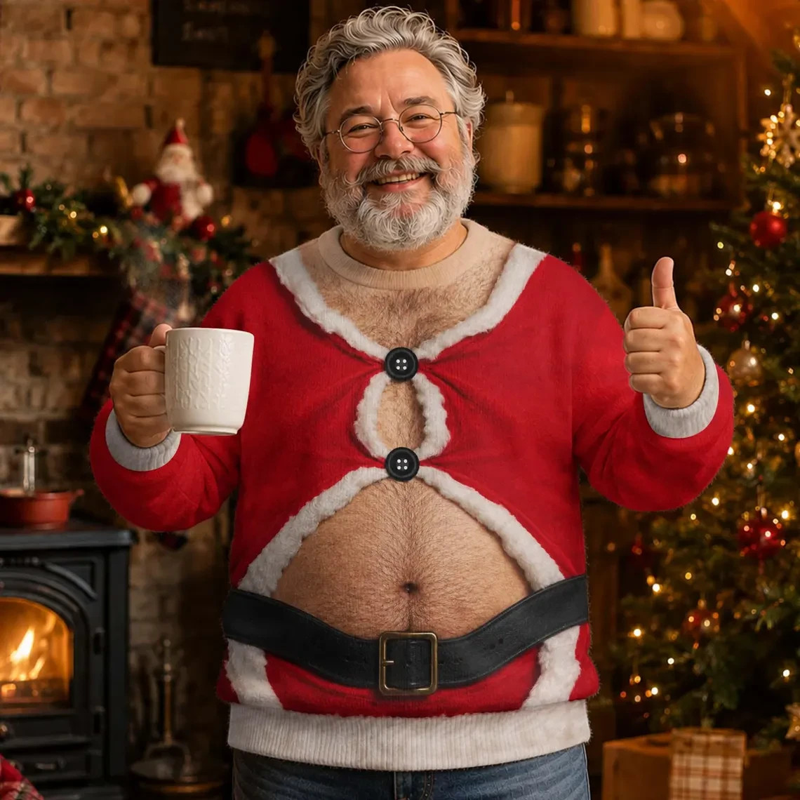Funny Santa Belly Sweater, Ugly Christmas Party Shirt for Men, Holiday Gift Fun