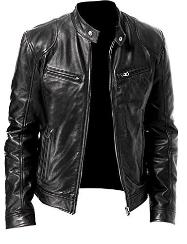 Men\'s Black Leather Biker Jacket-  Cafe Racer Motorcycle Zip Up Jacket