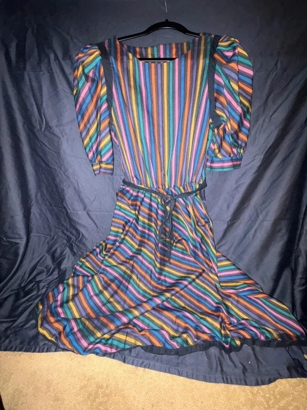 Vintage 70s 80s You Babes II Rainbow Stripe Midi Dress Womens 13 Puff Sleeve Bel
