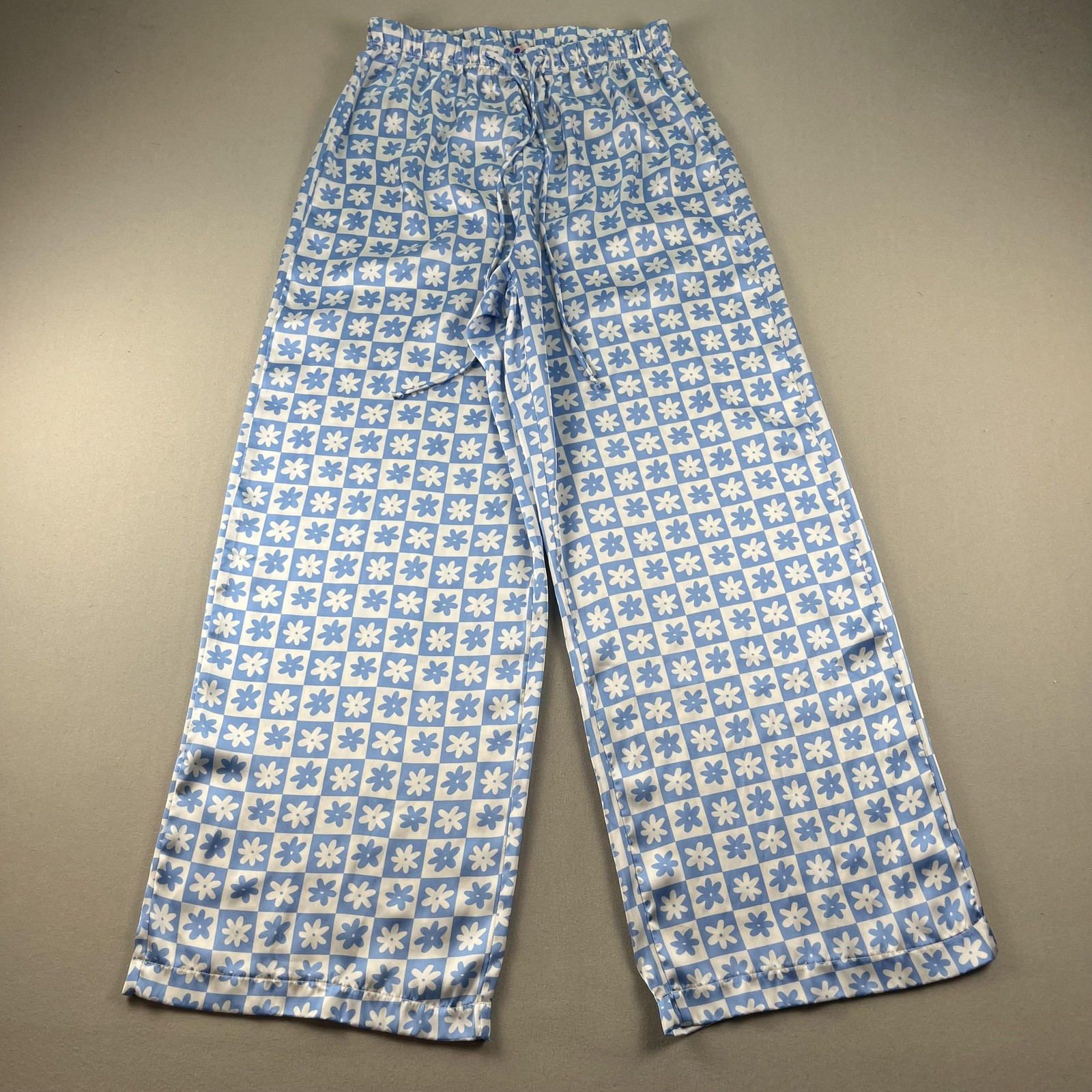 Lisa Says Gah Pants Womens Medium Blue Floral Checkered Satin Wide Leg Summer