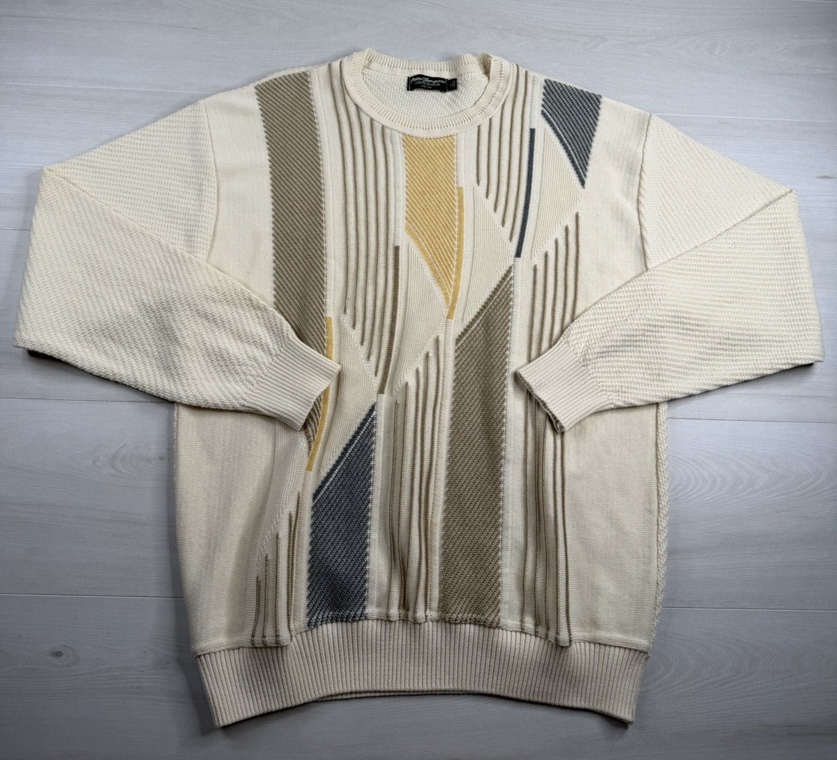 Vtg Norm Thompson Sweater 3D Textured Tight Knit Geometric Grandpa Mens L EUC