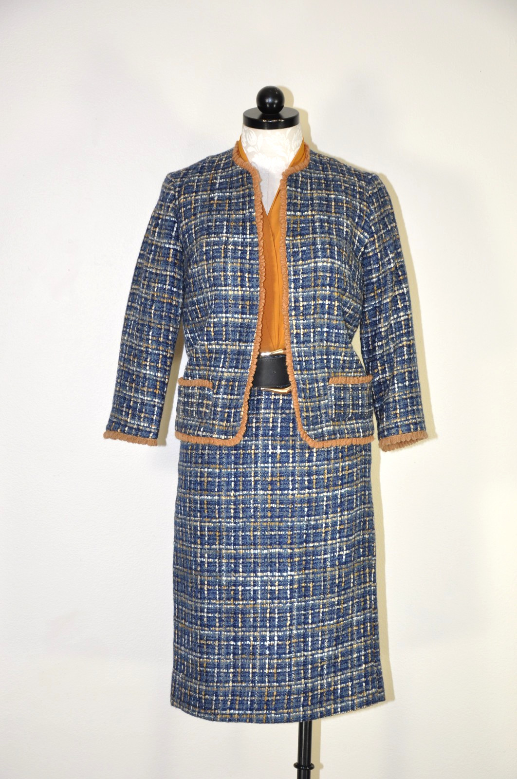 Vtg 1960s Blue Brown Wool Tweed Plaid Two Piece Boxy Jacket Pencil Skirt Suit XS