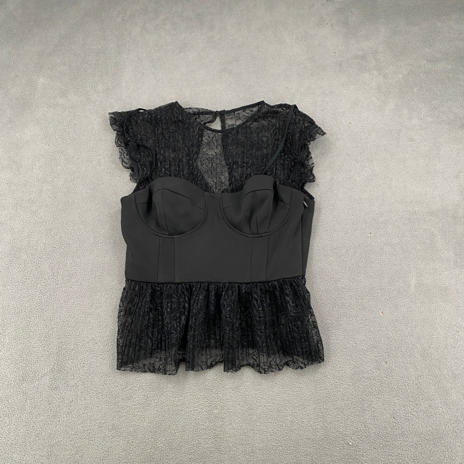 Zara Black Lace Bustier Peplum Top Sheer Flutter Sleeve Underwire Small NWT