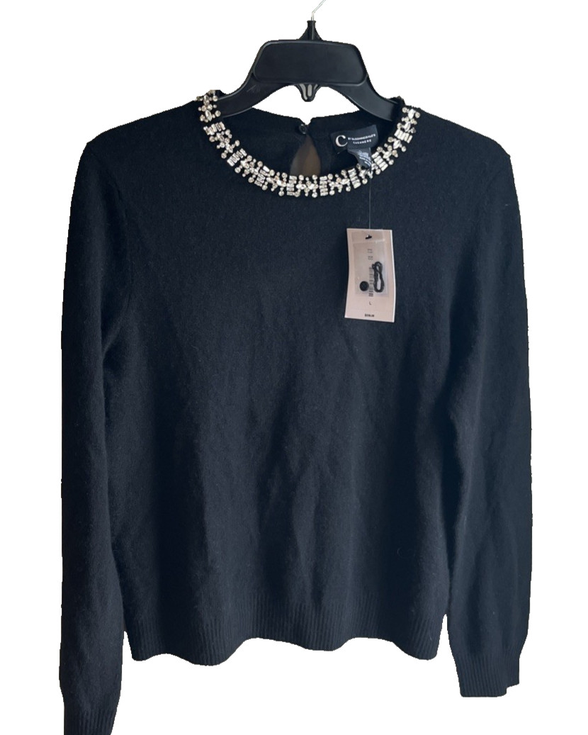 C Designer 100% Cashmere Crystal Trim Black Sweater - Medium - retail $228