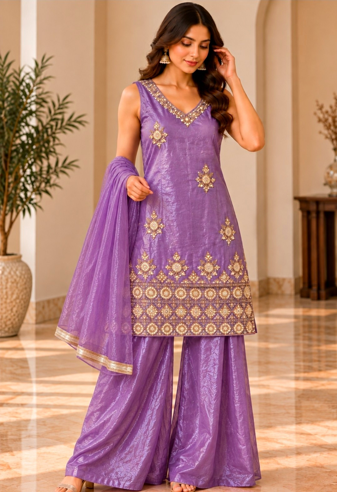 Handmade Women Purple Sequin Embroidered Palazzo Suit 3-Piece w/ Dupatta, 38