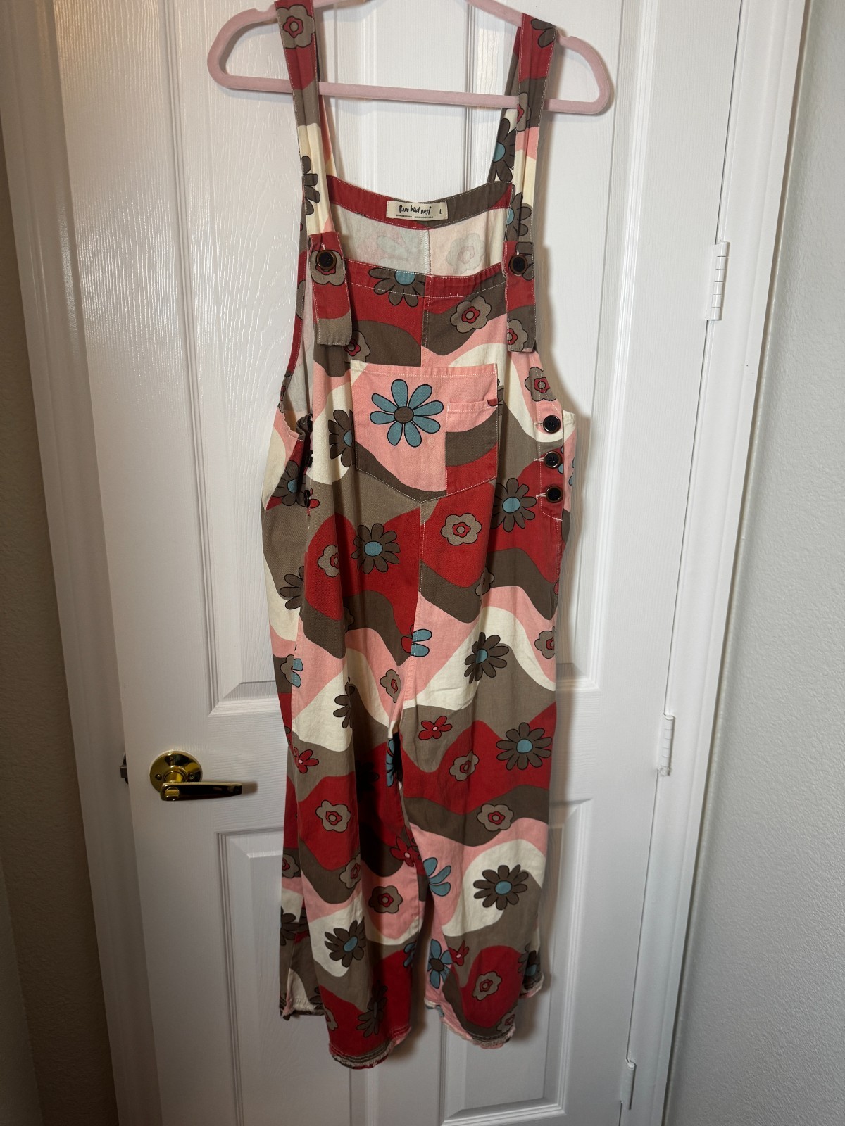 Three Bird Nest Floral Overalls Womens Large Boho 70s Retro Pink Red Brown Large