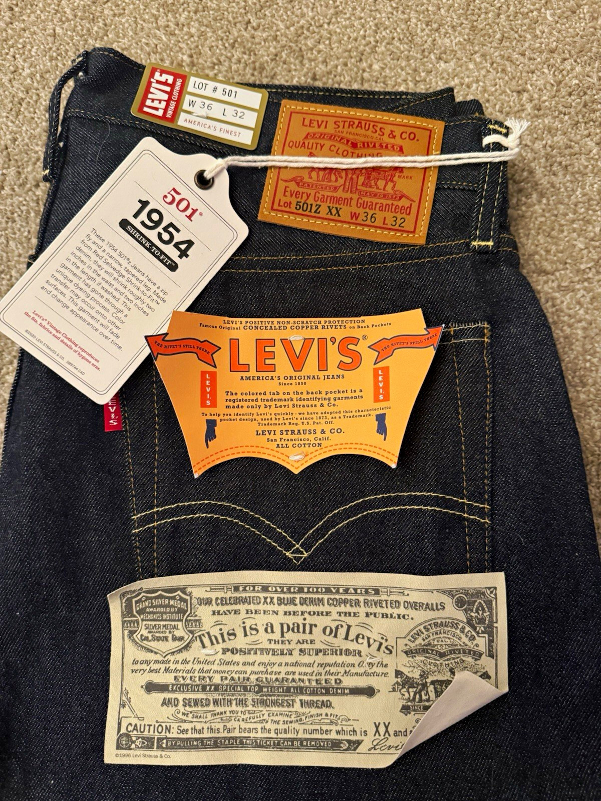 NWT Levi\'s Vintage Clothing LVC 1954 501Z XX Rigid Selvedge Jeans W36 L32