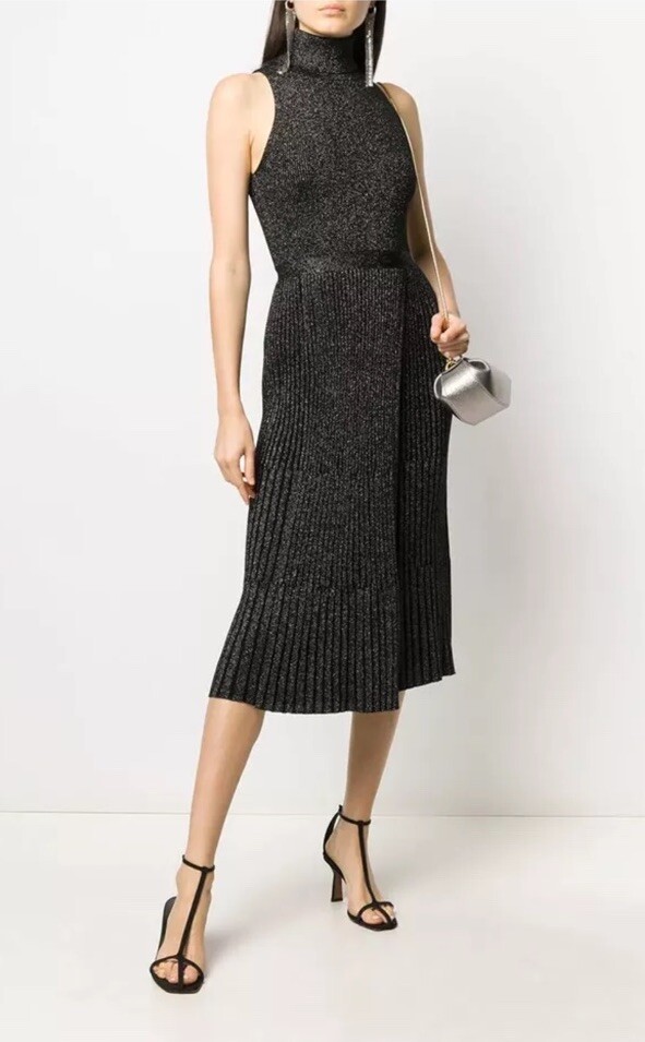 Diane Von Furstenberg DVF Lennon Metallic Wool Dress Black/Silver Small Nwt