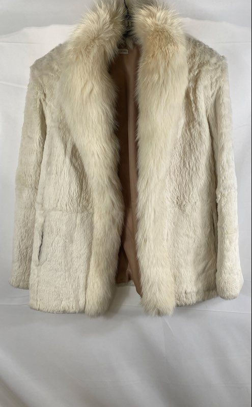 Vintage Women\'s Ivory Dyed Rabbit Fur Jacket Fox Fur Trim Made in Korea Sz L