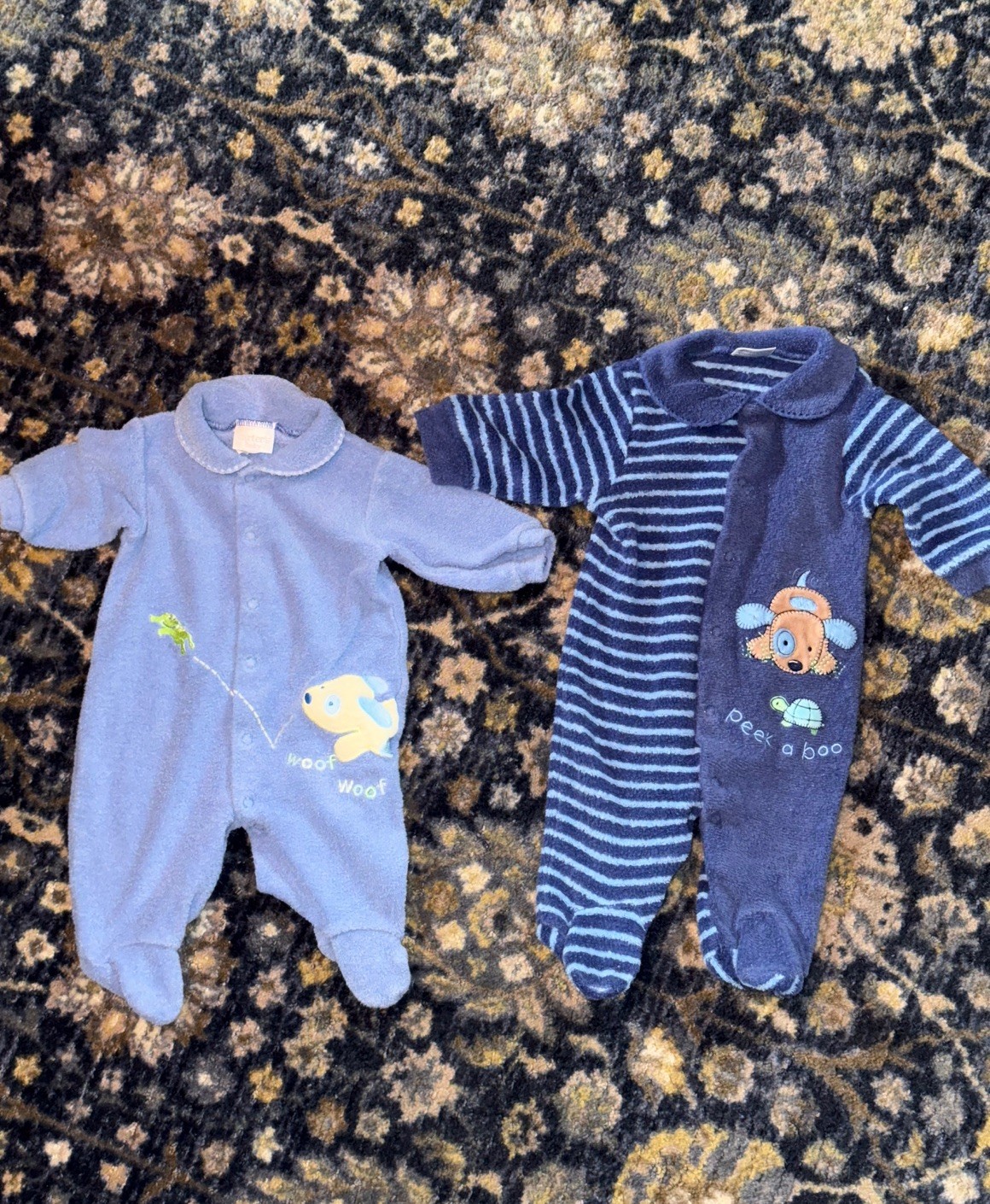 2  Vintage Carter\'s Blue Terry Cloth Sleepers Woof Woof Peek a Boo 0-3 3-6  READ