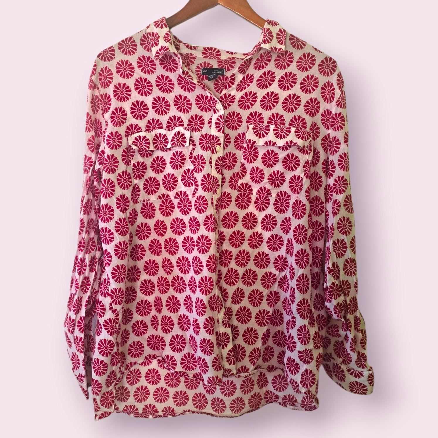 XL - Gap Boyfriend Fit Pink Floral Print Cotton Button-Down