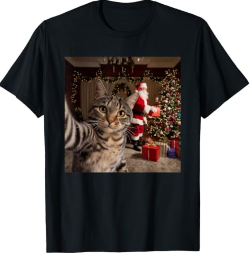 Christmas Cat Selfie with Santa Claus Cute Holiday Photo T-Shirt
