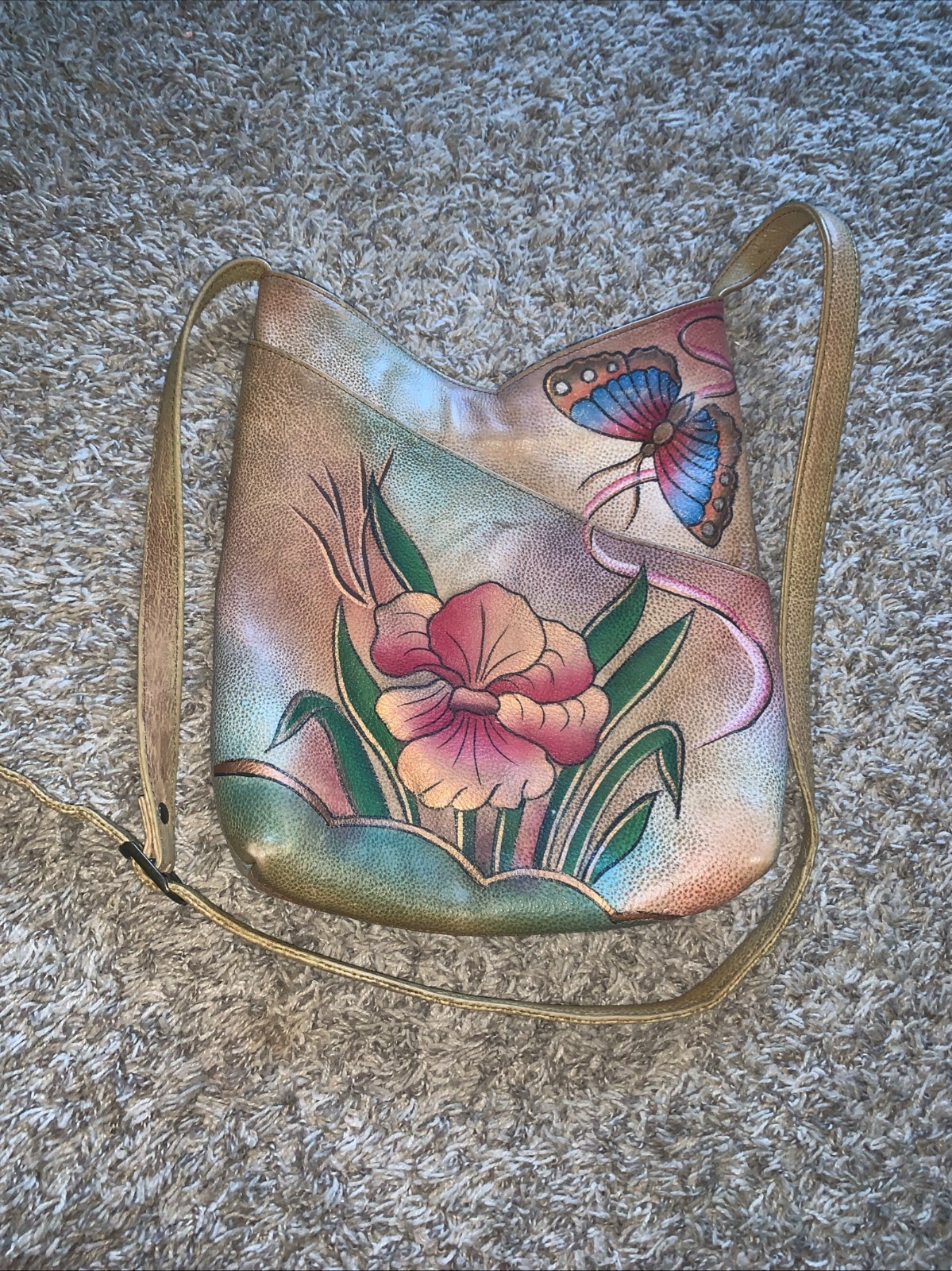 ANNA BY ANUSHKA USED PURSE HANDPAINTED FLORAL LEATHER SIGNS OF WEAR WOMENS PURSE