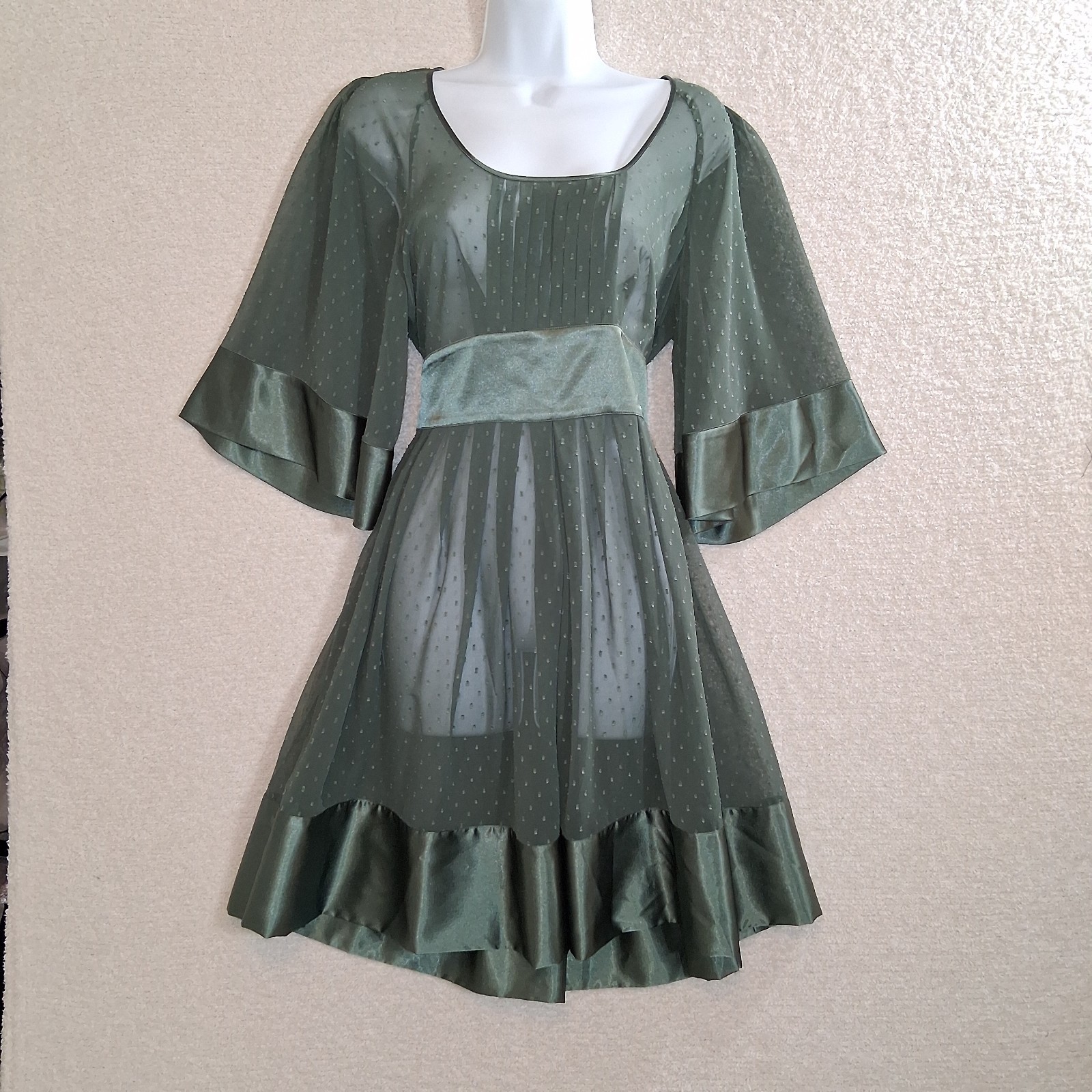 Sheer Flutter Sleeve Satin Swiss Dot Dress Sz M Whimsigoth Forest Fairy Cottage 