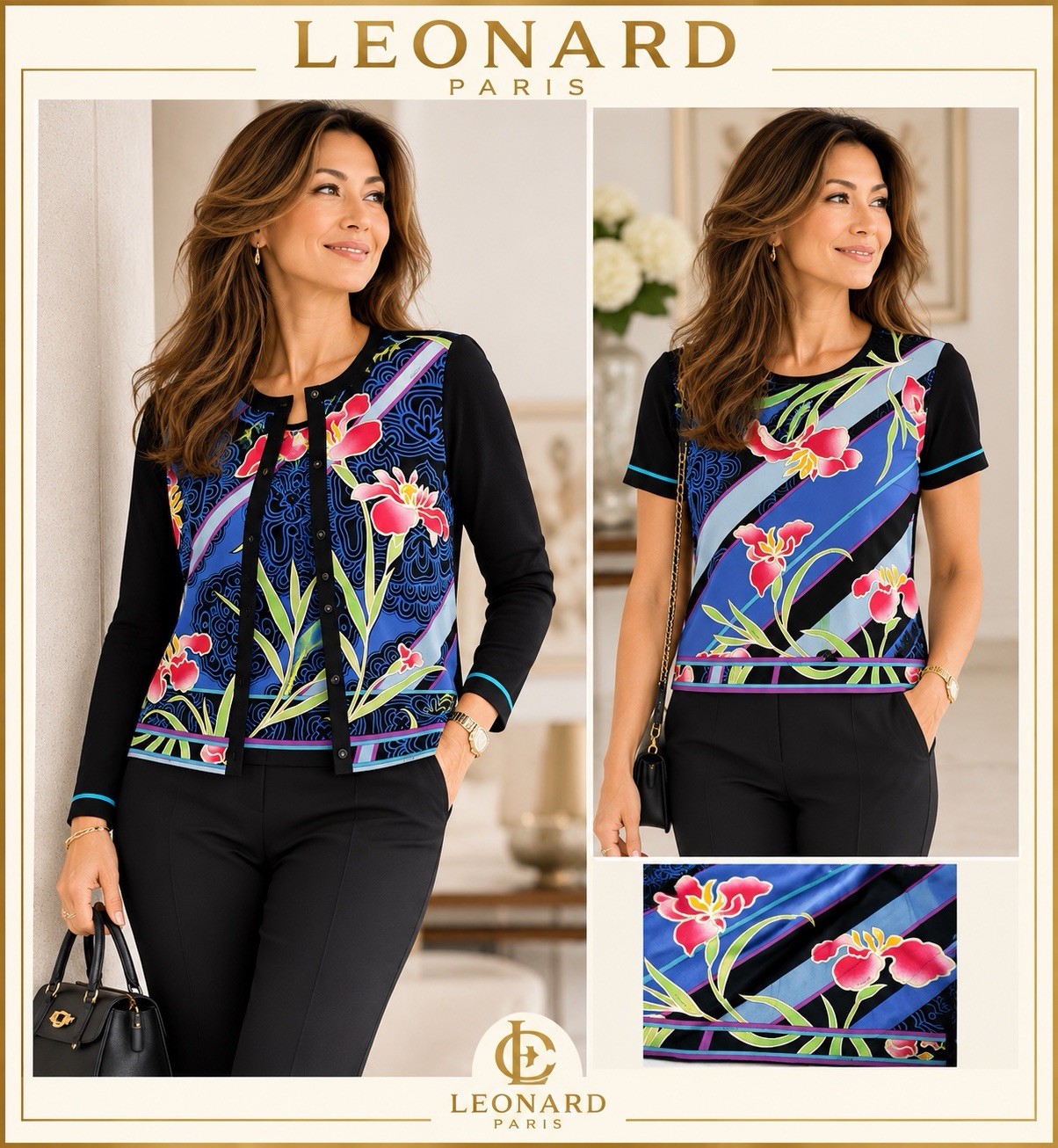 Leonard Paris Black Navy 2 Piece Cardigan Set US 8 FR 42 NWOT