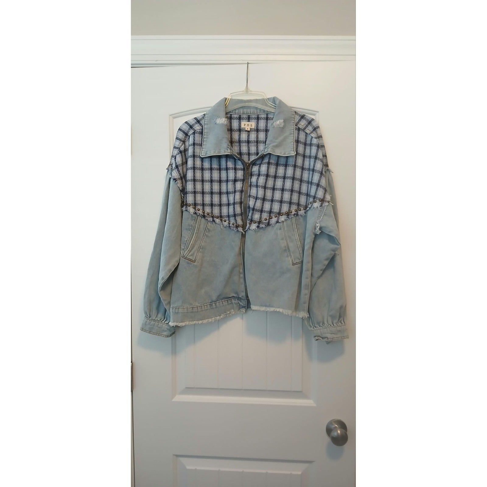 POL Womens Light Wash Distressed Denim Plaid Mixed Media Studded Jacket Small