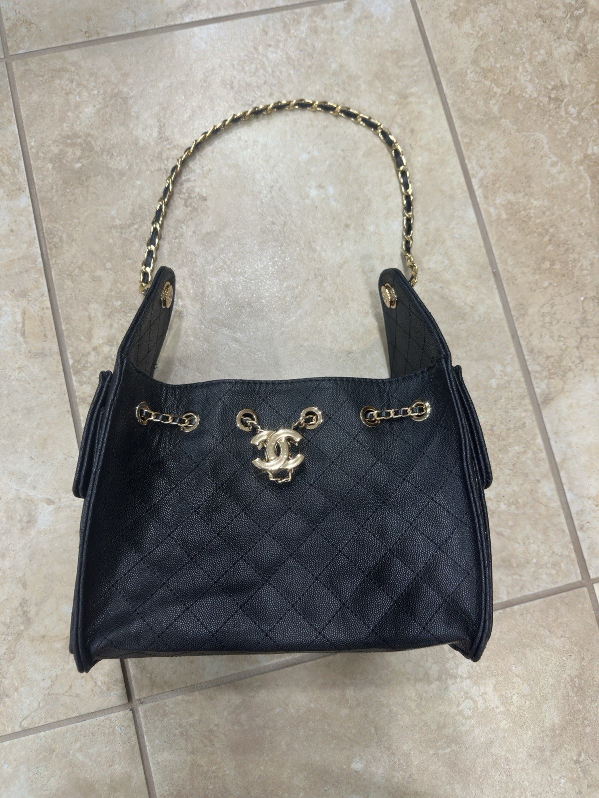 CHANEL CC Hobo Bag Quilted Black Leather Large with Gold Hardware and Chain