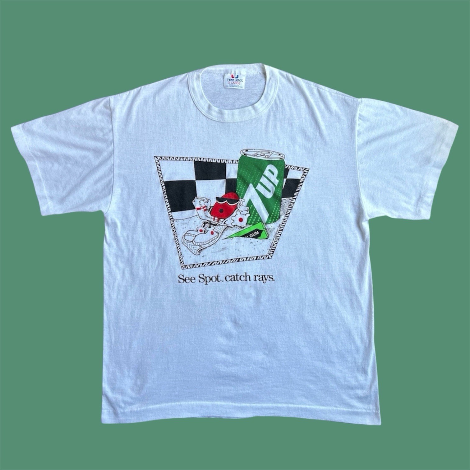 Vintage Tee Jays 7up See Spot Catch Rays Made in USA White T-Shirt Size XL Good