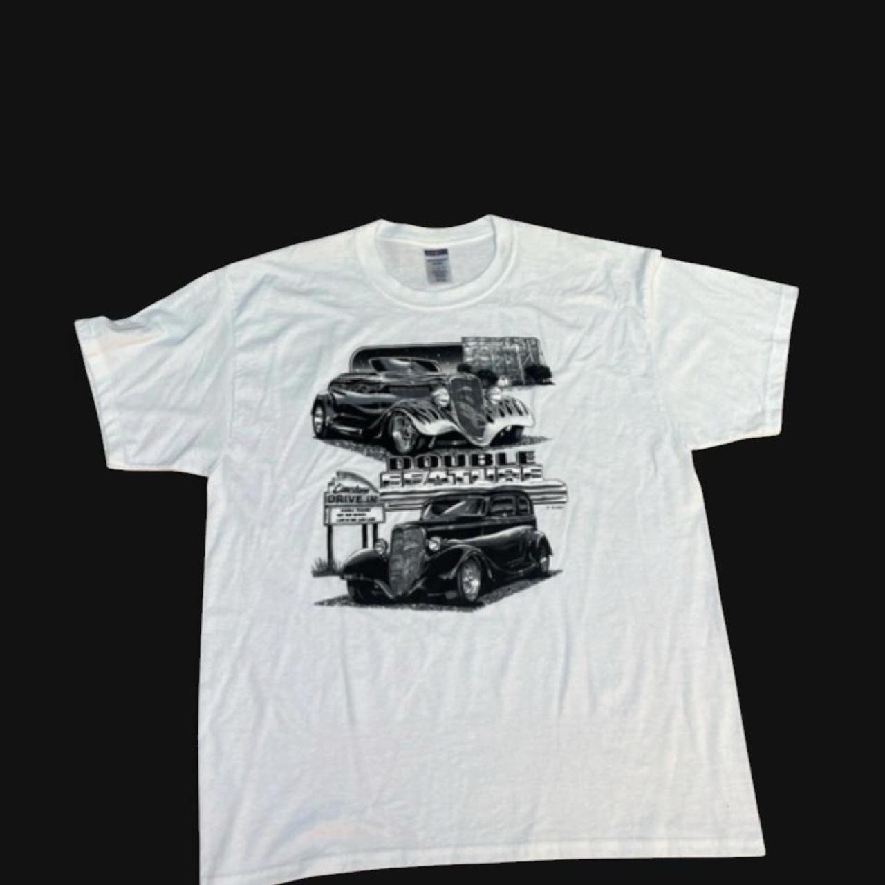 Vintage Jerzees Hot Rod Double Feature T-Shirt XL White Drive-In Car Graphic Tee