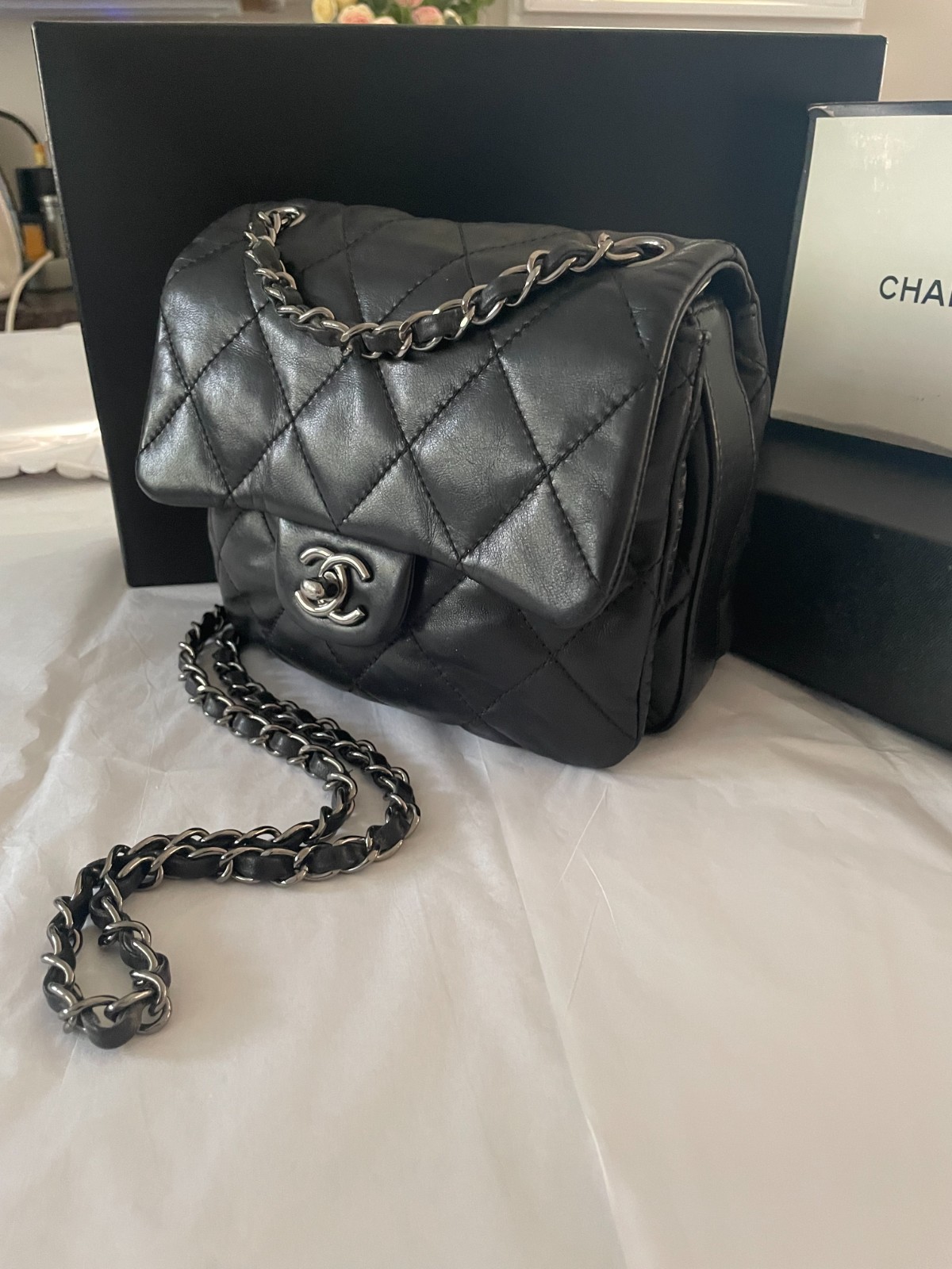 Chanel Black Lambskin Quilted Mini Square Flap Turnlock