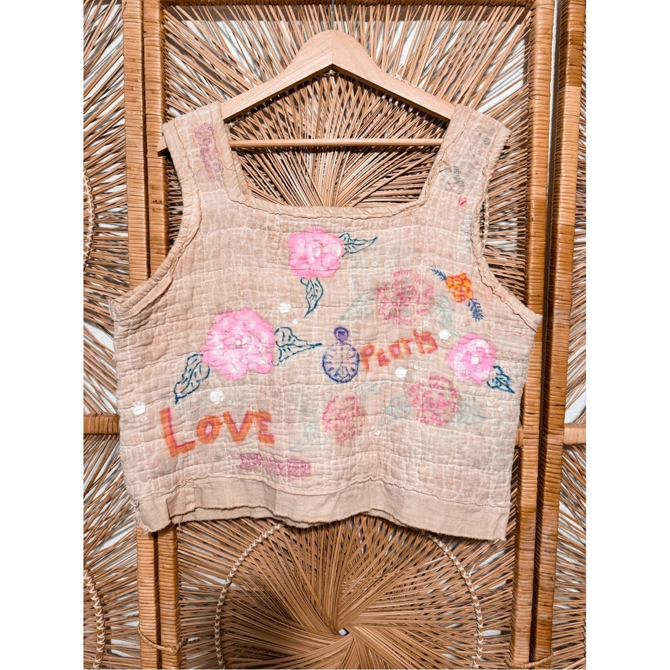 Handmade Vintage Quilt Art Top | Tea Dyed Prairie Boho Cropped Tank