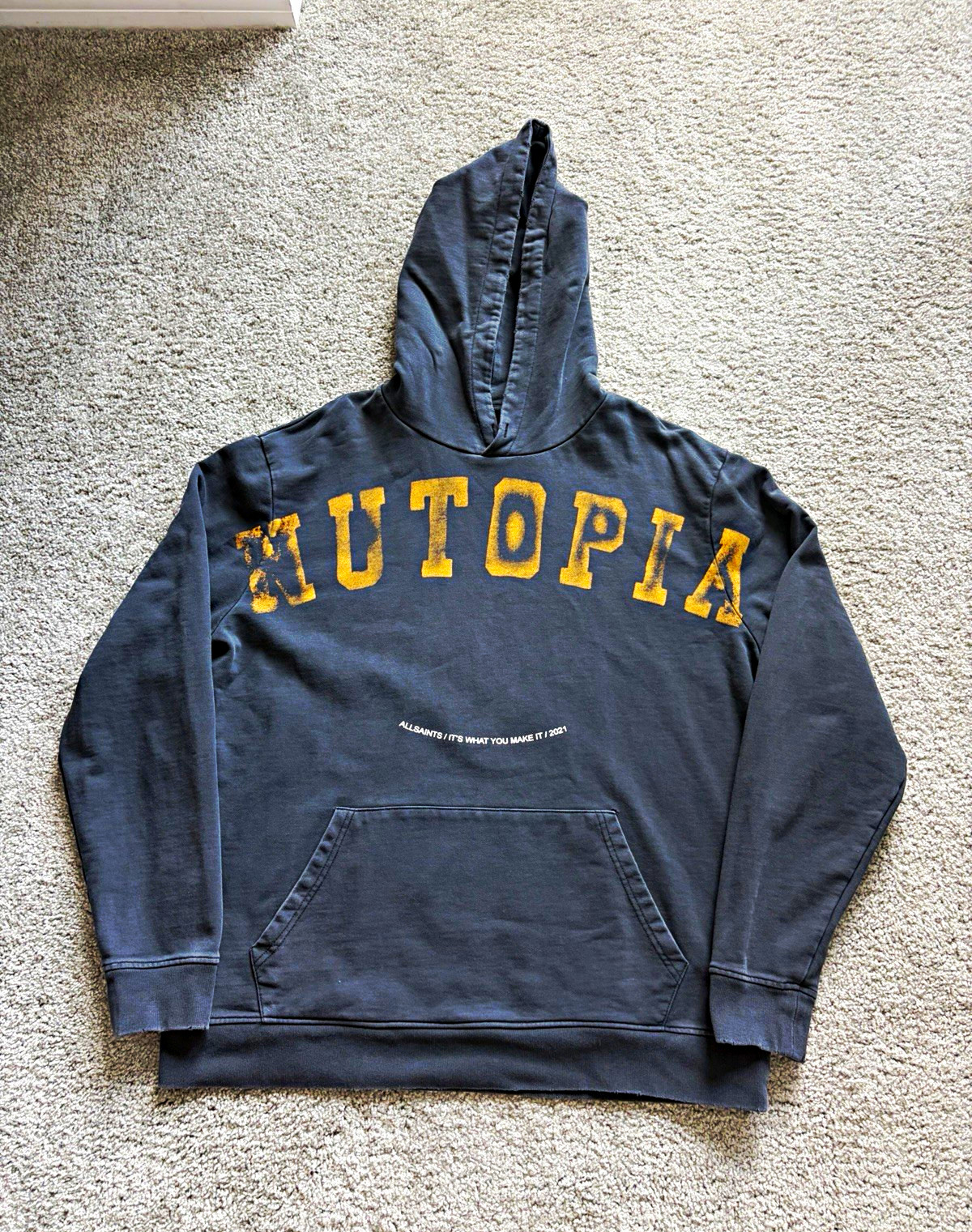 AllSaints NUTOPIA Hoodie Mens Medium Charcoal Gray Graphic Pullover Sweatshirt