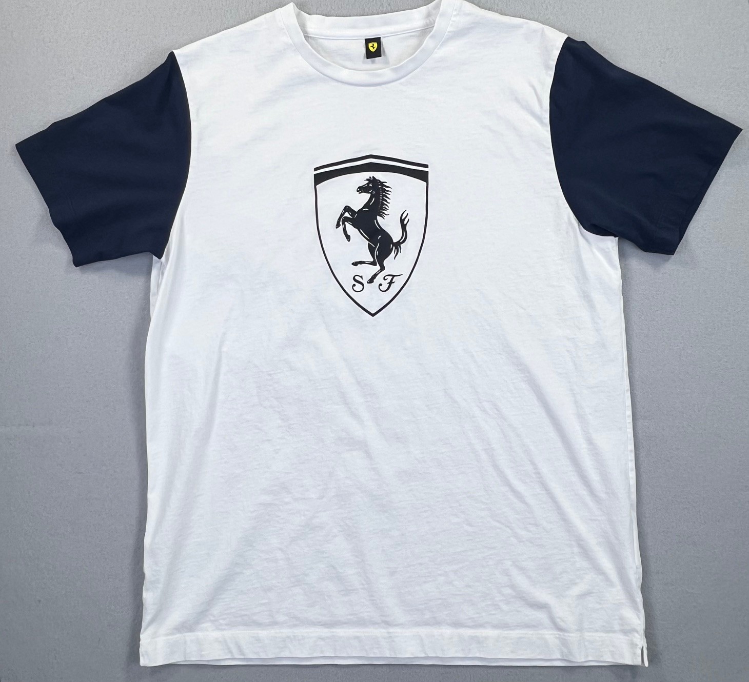 Puma Scuderia Ferrari T-Shirt Men\'s White Short Sleeve w/ Dark Blue Sleeves, LG