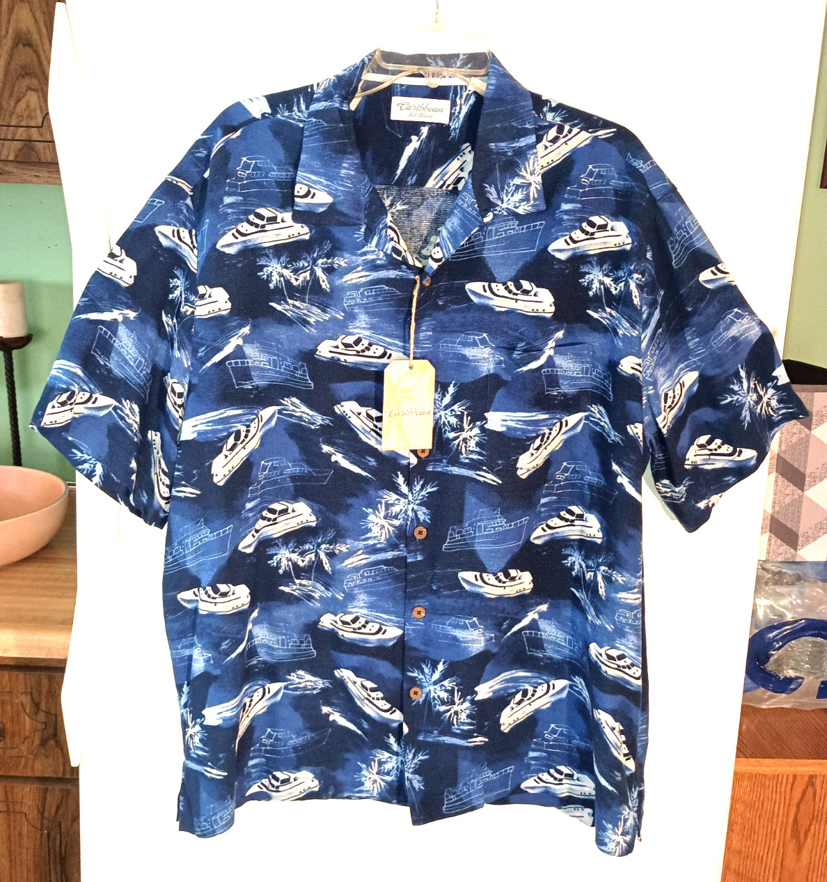 NEW MEN\'S CARIBBEAN BLUE BOAT YACHT PALM TREE SILK BLEND HAWAIIAN SHIRT SIZE XL