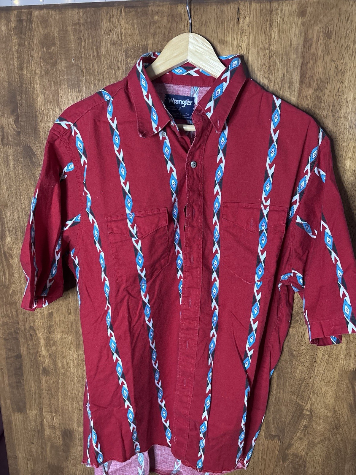 Vintage 90s Wrangler Aztec Western Shirt Cowboy Pearl Snap Button Red XL Tribal
