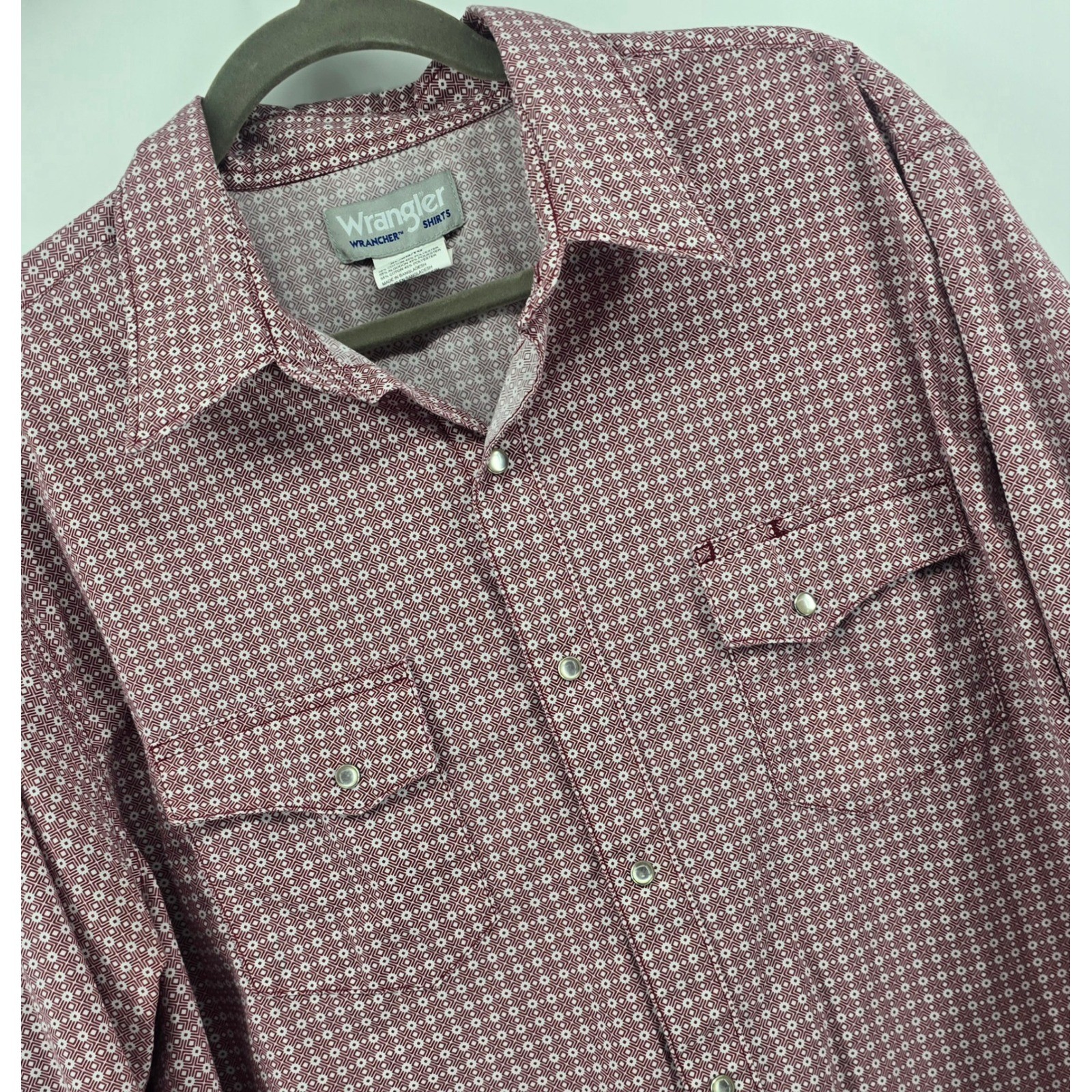 Wrangler Wrancher Mens XL Burgundy Geometric Western Snap Long Sleeve Shirt