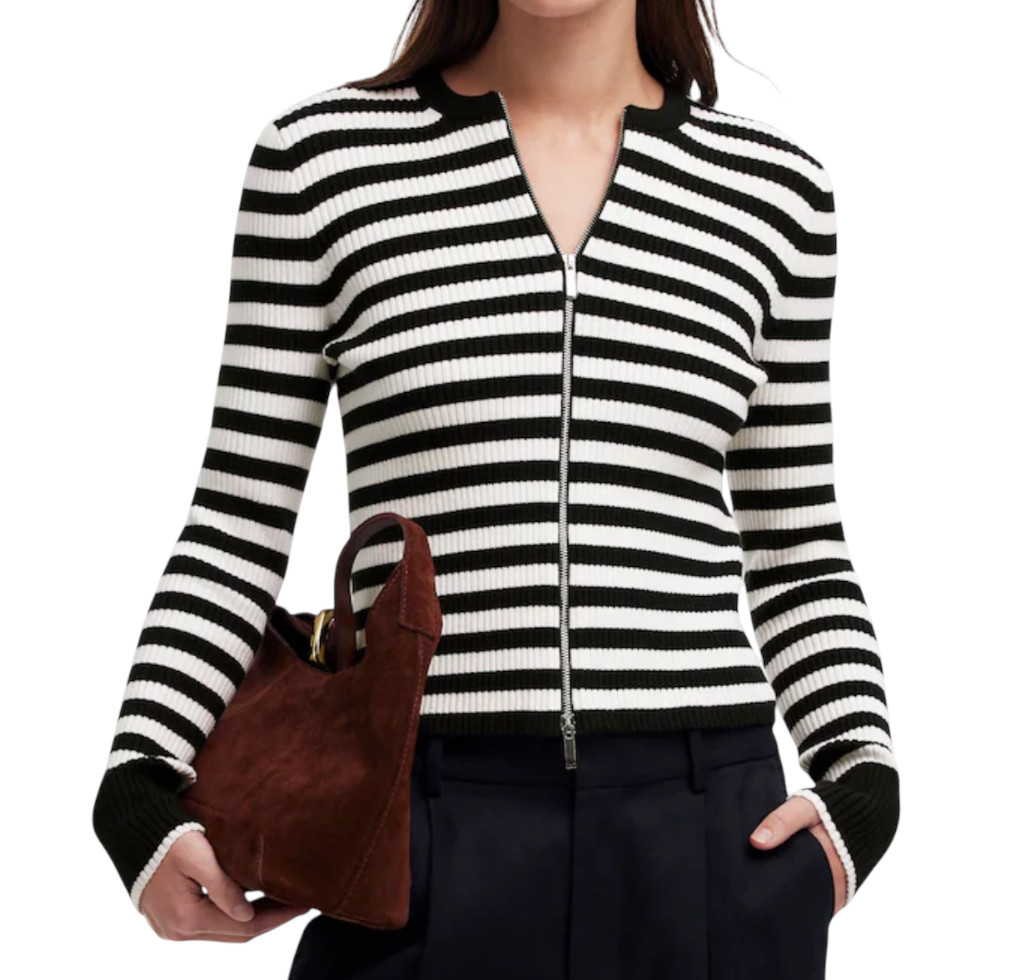 MADEWELL Black & White Striped RIBBED ZIPPER FRONT Cardigan Sweater Slim SIZE S