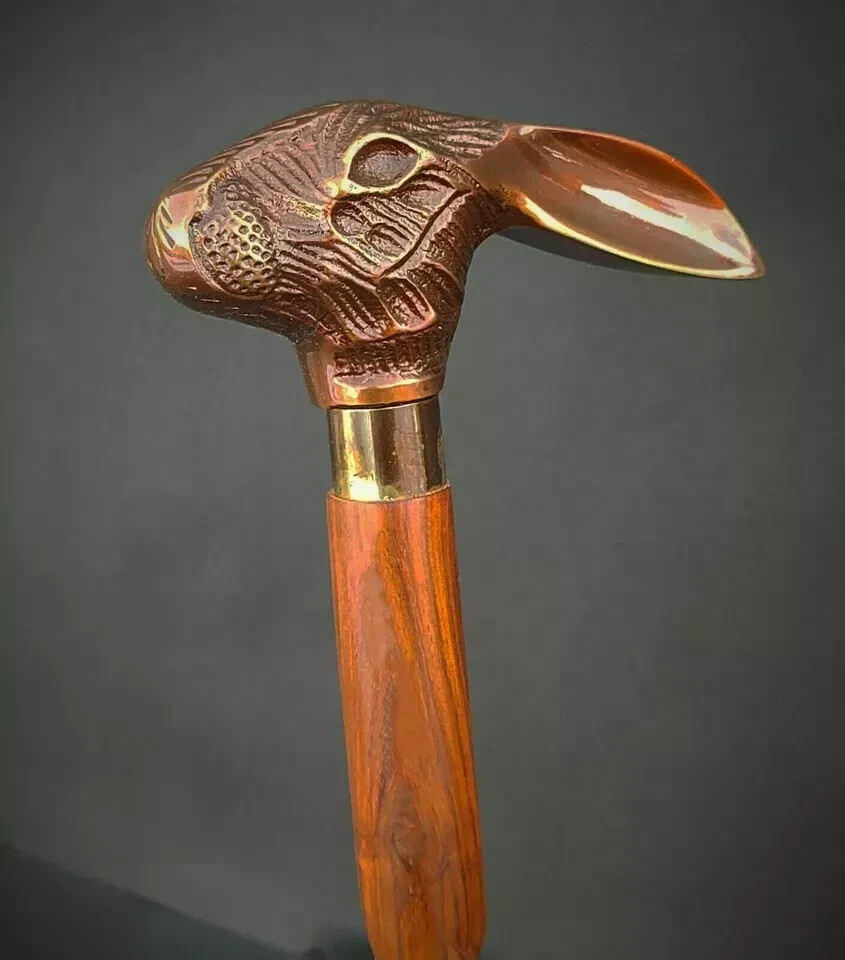 Antique Victorian Wooden Walking Cane Sticks Rabbit Head Handle Vintage Designer