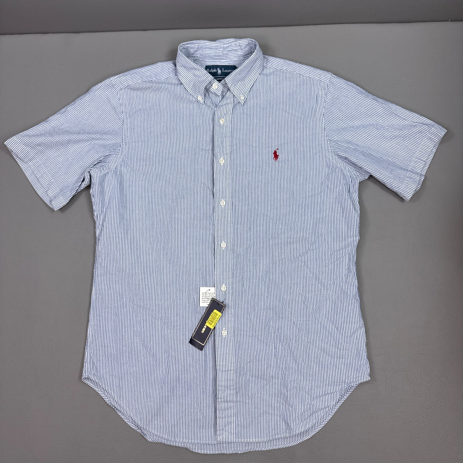 Vintage Polo Ralph Lauren Shirt Men Medium Blue Seersucker Dead Stock Beach Boat