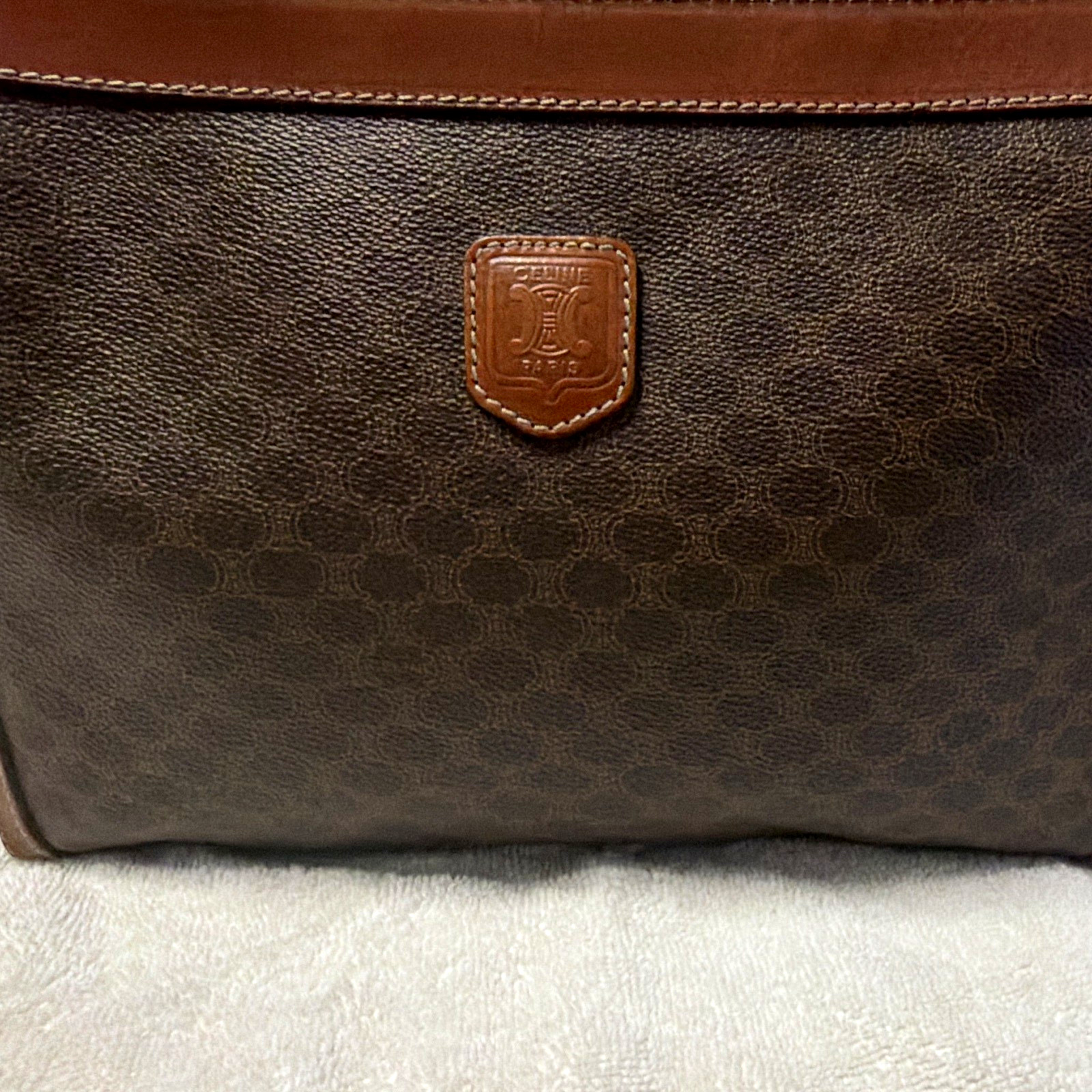 CELINE Macadam Monogram Brown Tan Leather Trim Zip Pouch Clutch Gold Hardware
