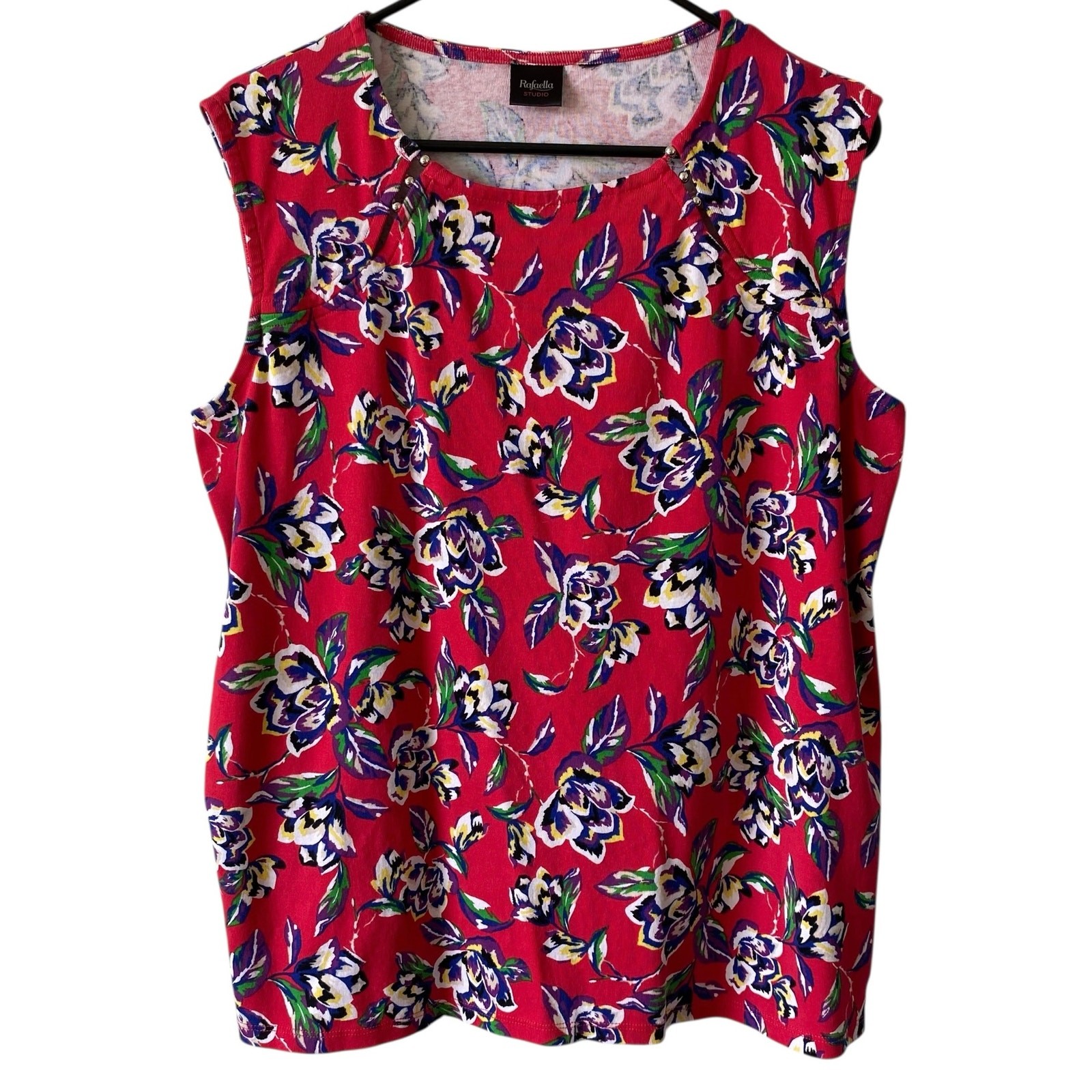 RAFAELLA STUDIO Pink Floral Sleeveless Cotton Tank Top Size XL Coastal Summer